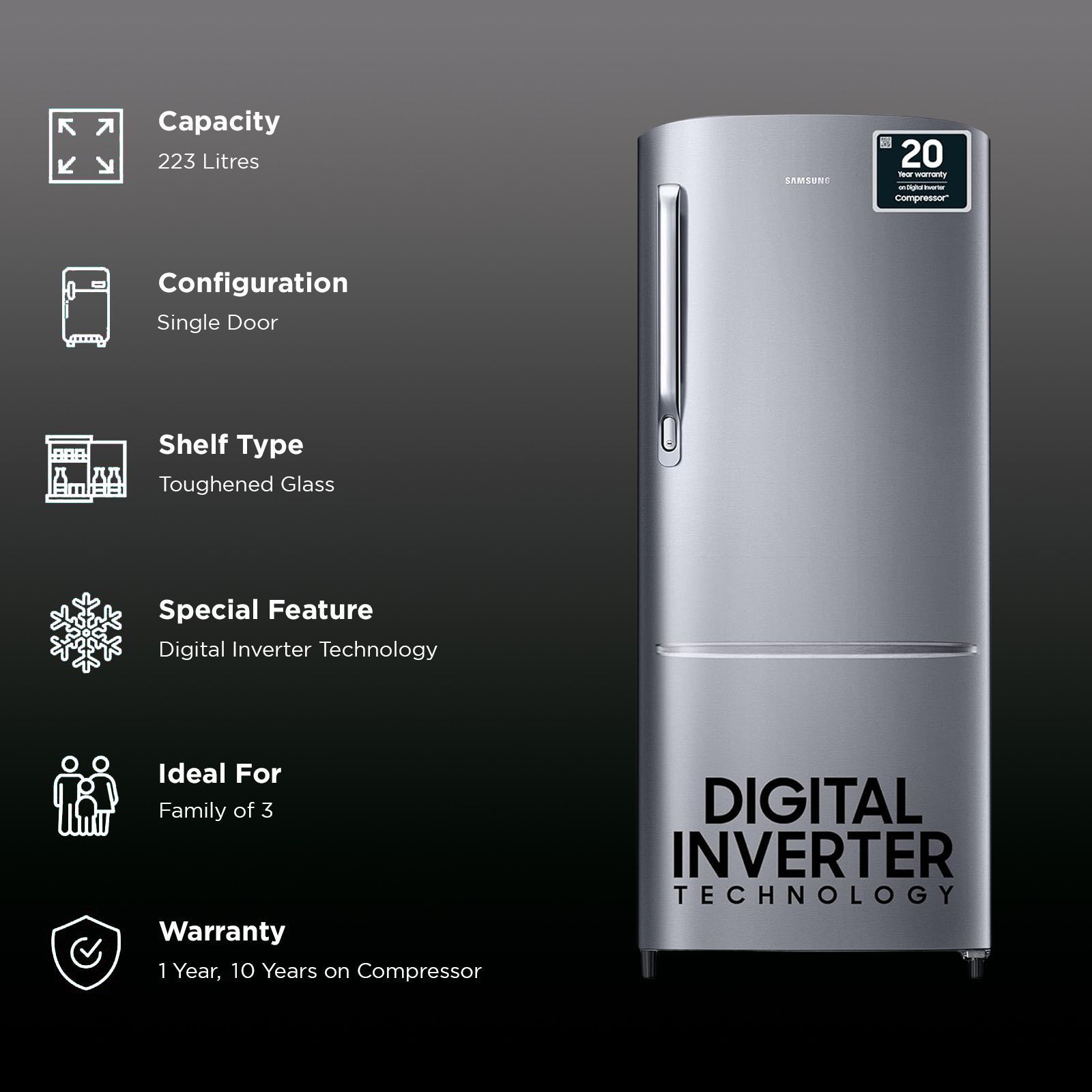 SAMSUNG Stylish Grande 223 Litres 3 Star Direct Cool Single Door Refrigerator with Anti Bacterial Gasket (RR24C2723S8/NL, Elegant Inox) SAMSUNG Stylish Grande 223 Litres 3 Star Direct Cool Single Door Refrigerator with Anti Bacterial Gasket (RR24C2723S8/NL, Elegant Inox)_2