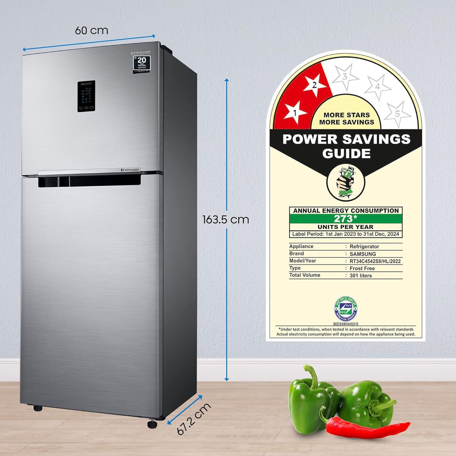 SAMSUNG 301 Litres 2 Star Frost Free Double Door Convertible Refrigerator with Twin Cooling Plus Technology (RT34C4542S8/HL, Elegant Inox) SAMSUNG 301 Litres 2 Star Frost Free Double Door Convertible Refrigerator with Twin Cooling Plus Technology (RT34C4542S8/HL, Elegant Inox)_14