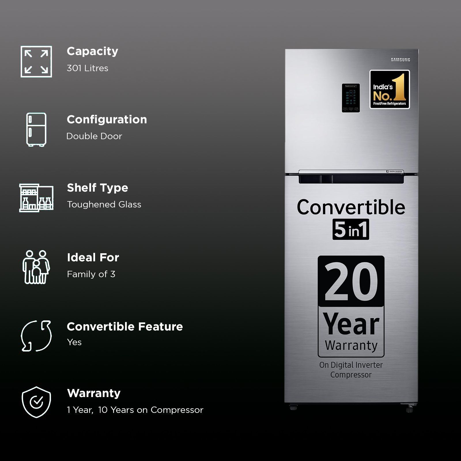 SAMSUNG 301 Litres 2 Star Frost Free Double Door Convertible Refrigerator with Twin Cooling Plus Technology (RT34C4542S8/HL, Elegant Inox)_2