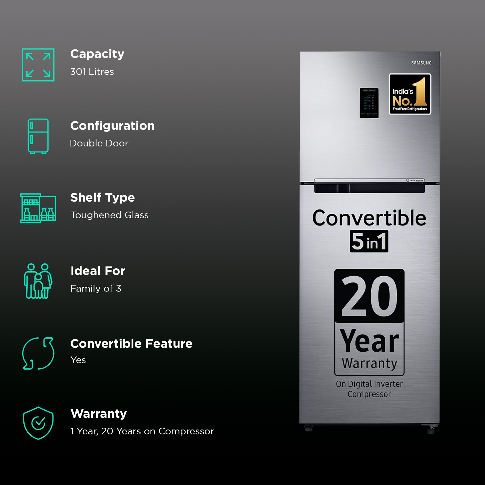 SAMSUNG 301 Litres 2 Star Frost Free Double Door Convertible Refrigerator with Twin Cooling Plus Technology (RT34C4542S8/HL, Elegant Inox) SAMSUNG 301 Litres 2 Star Frost Free Double Door Convertible Refrigerator with Twin Cooling Plus Technology (RT34C4542S8/HL, Elegant Inox)_2