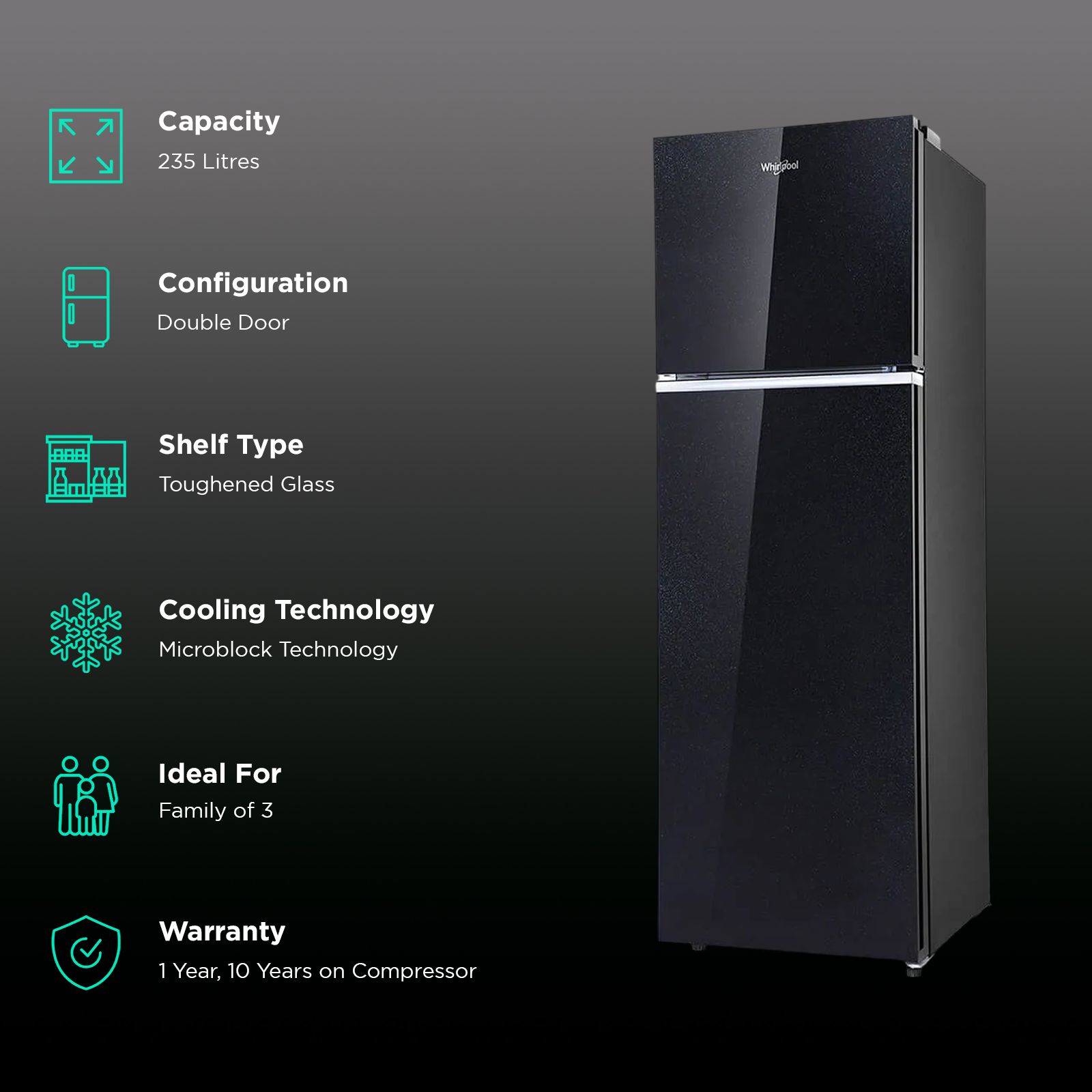 Whirlpool Neofresh 235 Litres 2 Star Frost Free Double Door Refrigerator with Intellisense Inverter Technology (22052, Crystal Black)_2