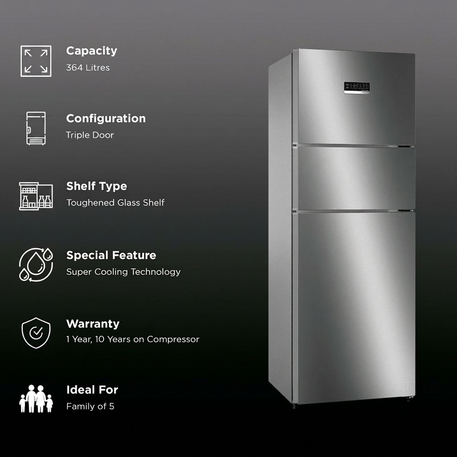 BOSCH Series 4 335 Litres 3 Star Frost Free Triple Door Convertible Refrigerator with VarioInverter Compressor (CMC36K03NI, Shiney Silver)_2