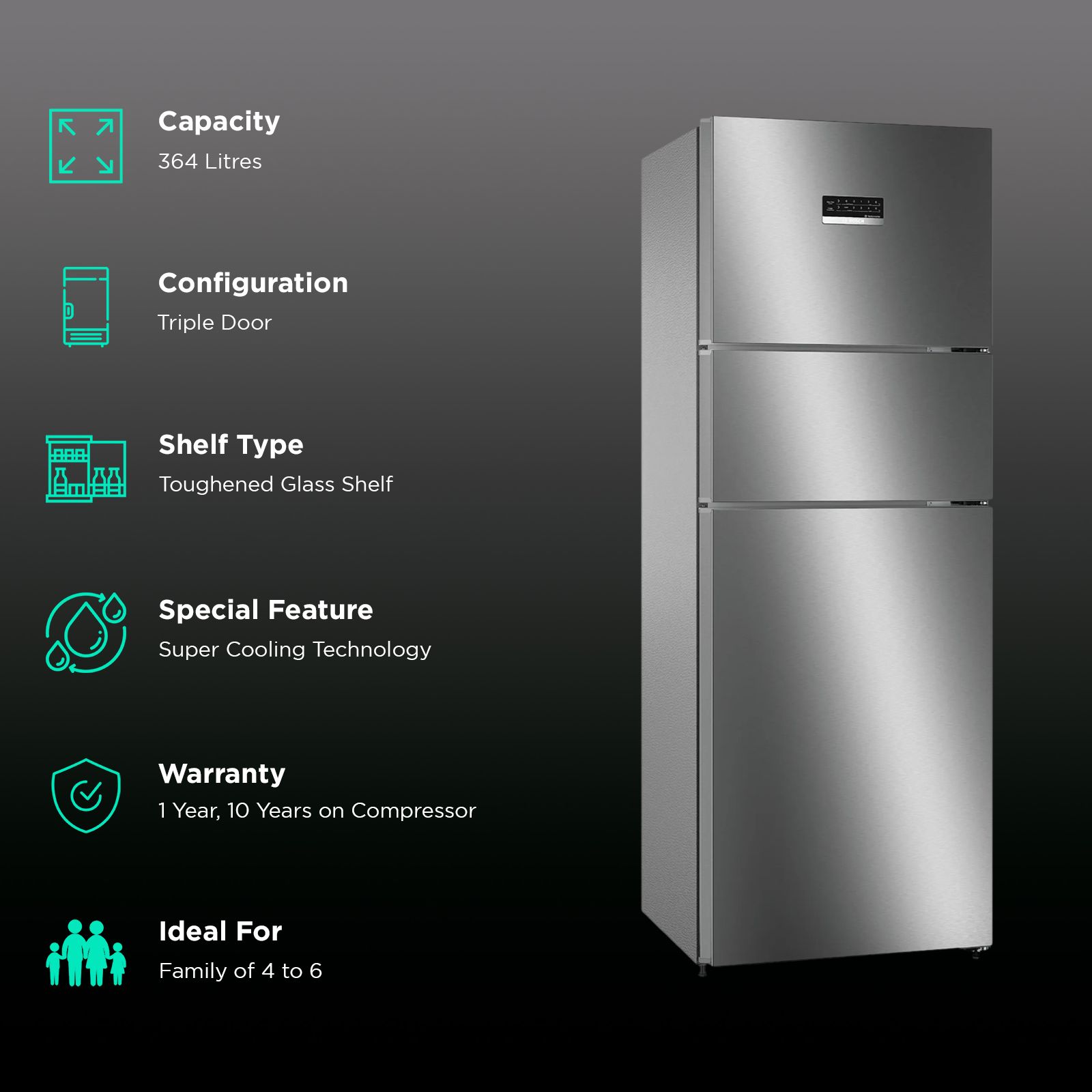 BOSCH Series 4 335 Litres 3 Star Frost Free Triple Door Convertible Refrigerator with VarioInverter Compressor (CMC36K03NI, Shiney Silver)_2