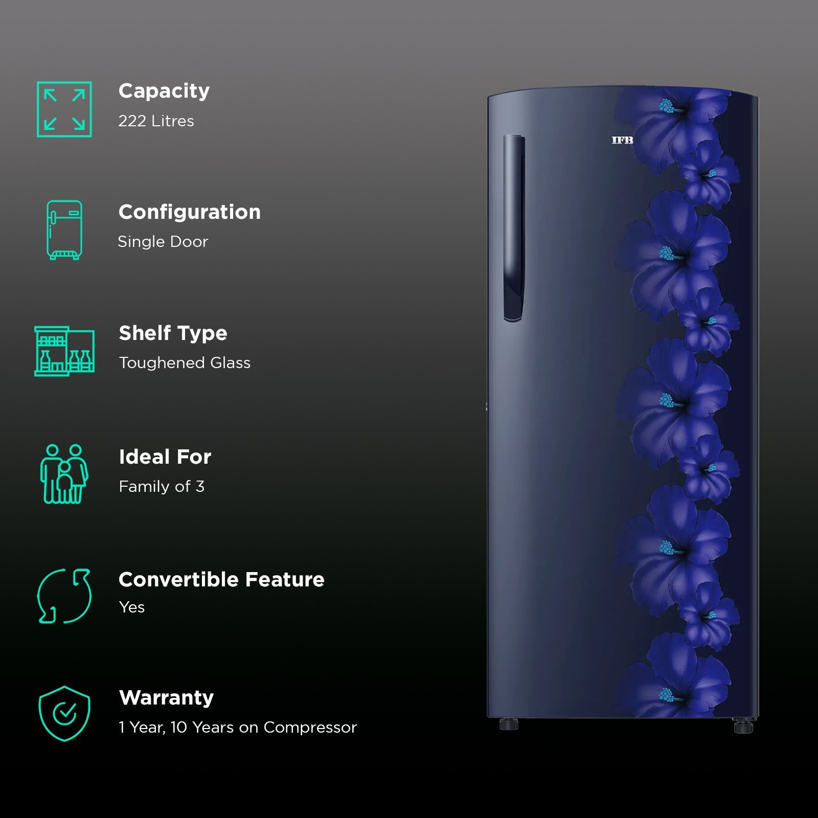 IFB Metal - Cool 222 Litres 3 Star Direct Cool Single Door Refrigerator with Anti Bacterial Gasket (IFBDC-2483FBH, Blue Flower)_2