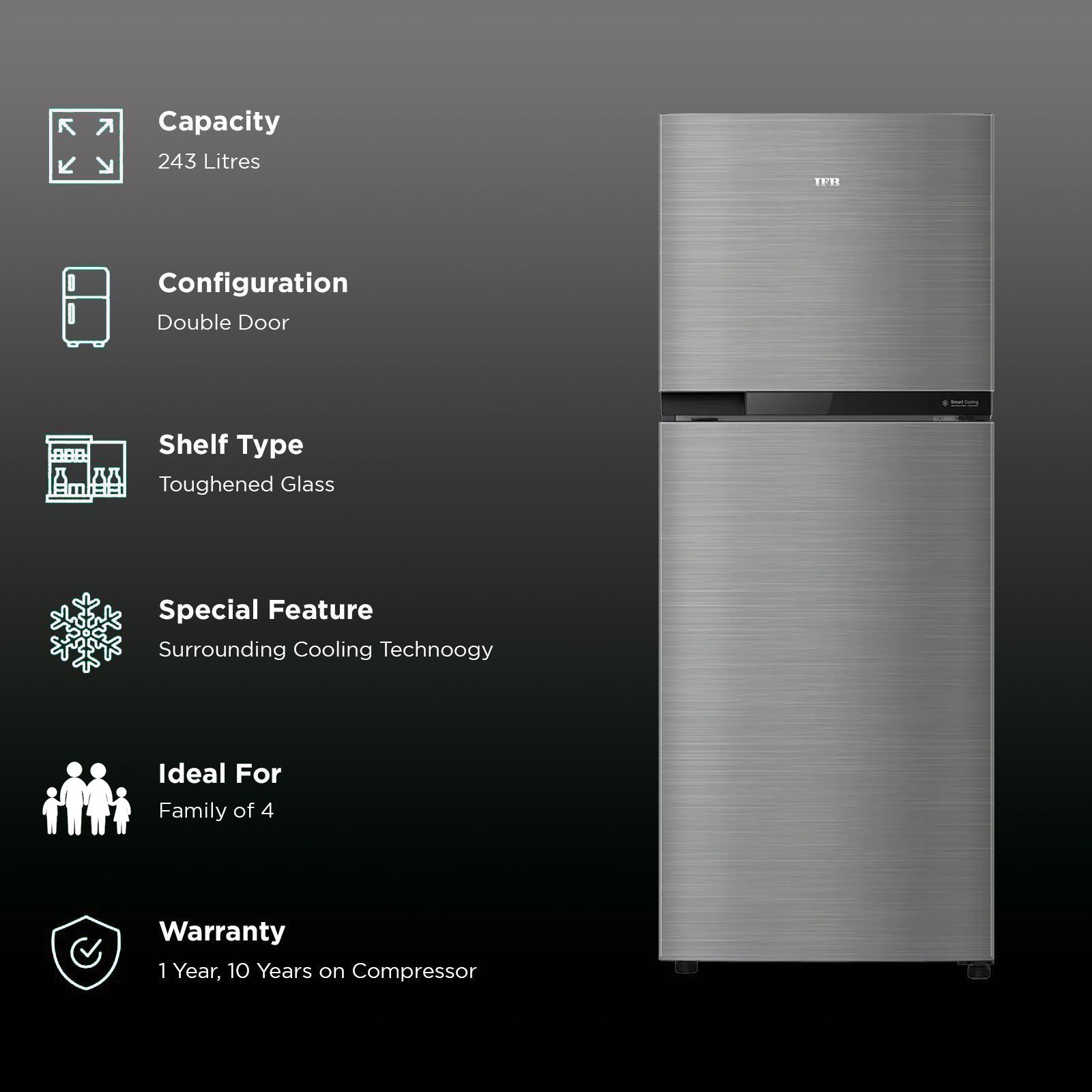 IFB Surround-Cool 243 Litres 2 Star Frost Free Double Door Refrigerator with Anti-Bacterial Gasket (IFBFF-2902FBS, Grey Steel)_2