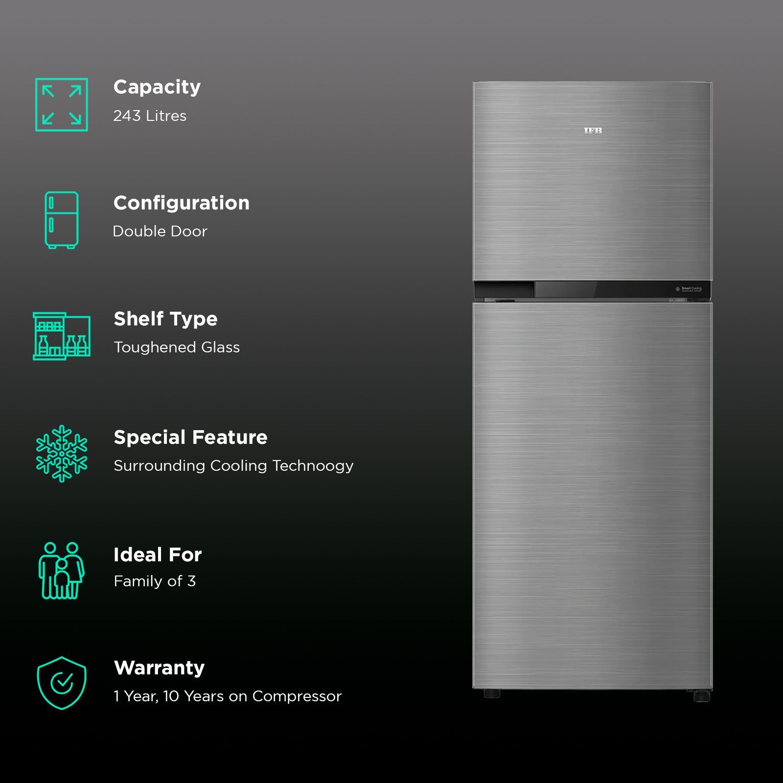 IFB Surround-Cool 243 Litres 2 Star Frost Free Double Door Refrigerator with Anti-Bacterial Gasket (IFBFF-2902FBS, Grey Steel)_2