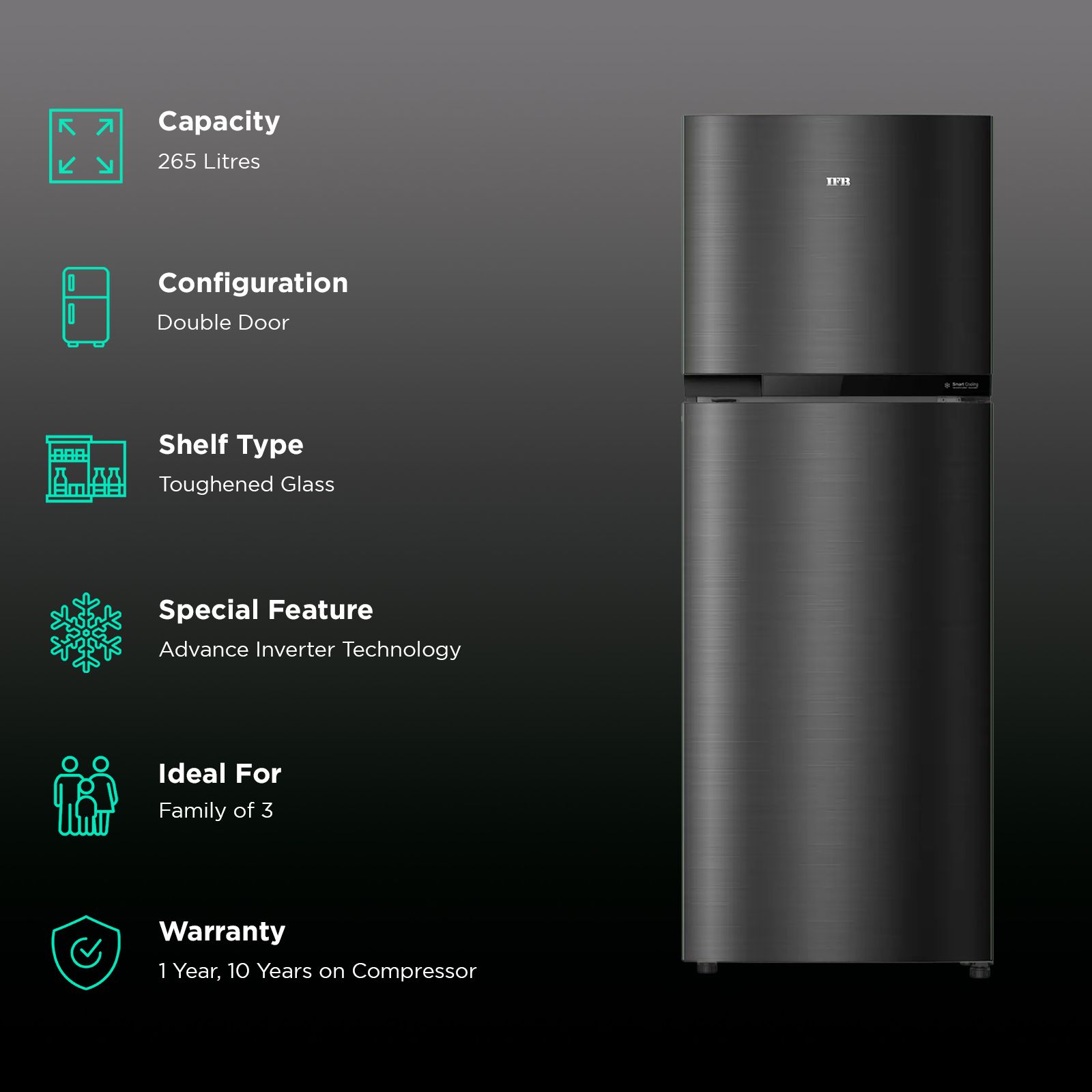 IFB Eco-Cool 265 Litres 2 Star Frost Free Double Door Refrigerator with Active Deodoriser (IFBFF-3152IKS, Black Steel)_2