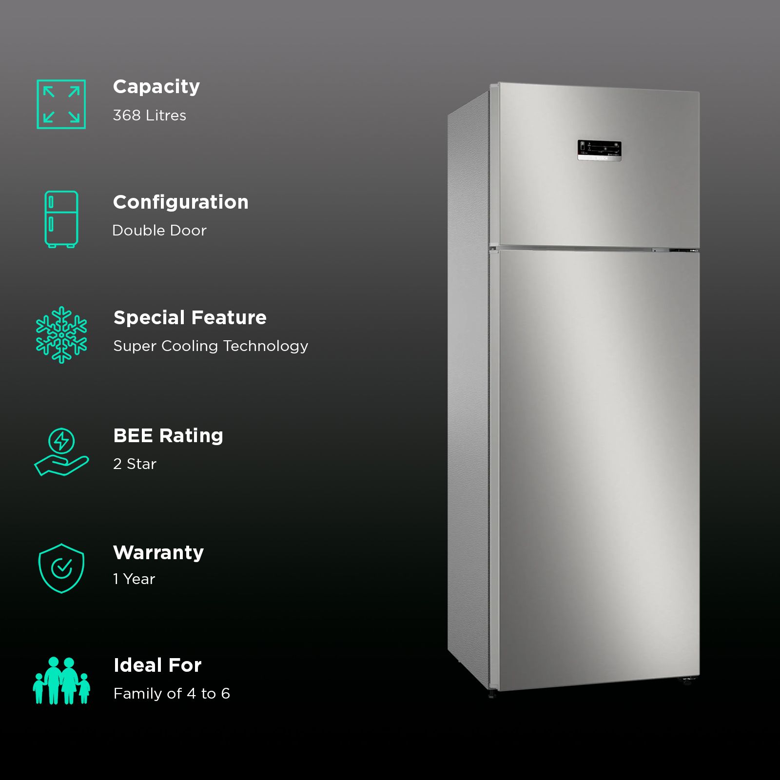 BOSCH Series 4 368 Litres 2 Star Frost Free Double Door Convertible Refrigerator with VarioInverter Compressor (CTC39S02NI, Shiney Silver)_2