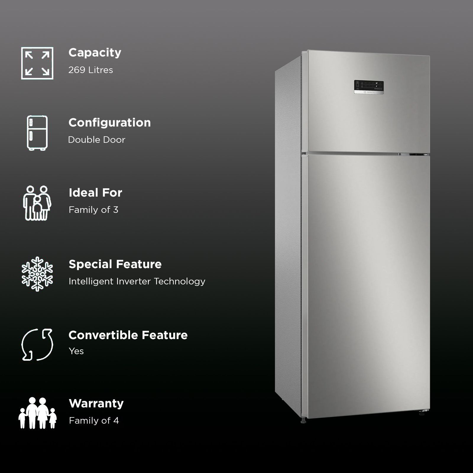 BOSCH Series 4 269 Litres 3 Star Frost Free Double Door Convertible Refrigerator with VitaFresh System (CTC29S03GI, Shiney Silver) BOSCH Series 4 269 Litres 3 Star Frost Free Double Door Convertible Refrigerator with VitaFresh System (CTC29S03GI, Shiney Silver)_2
