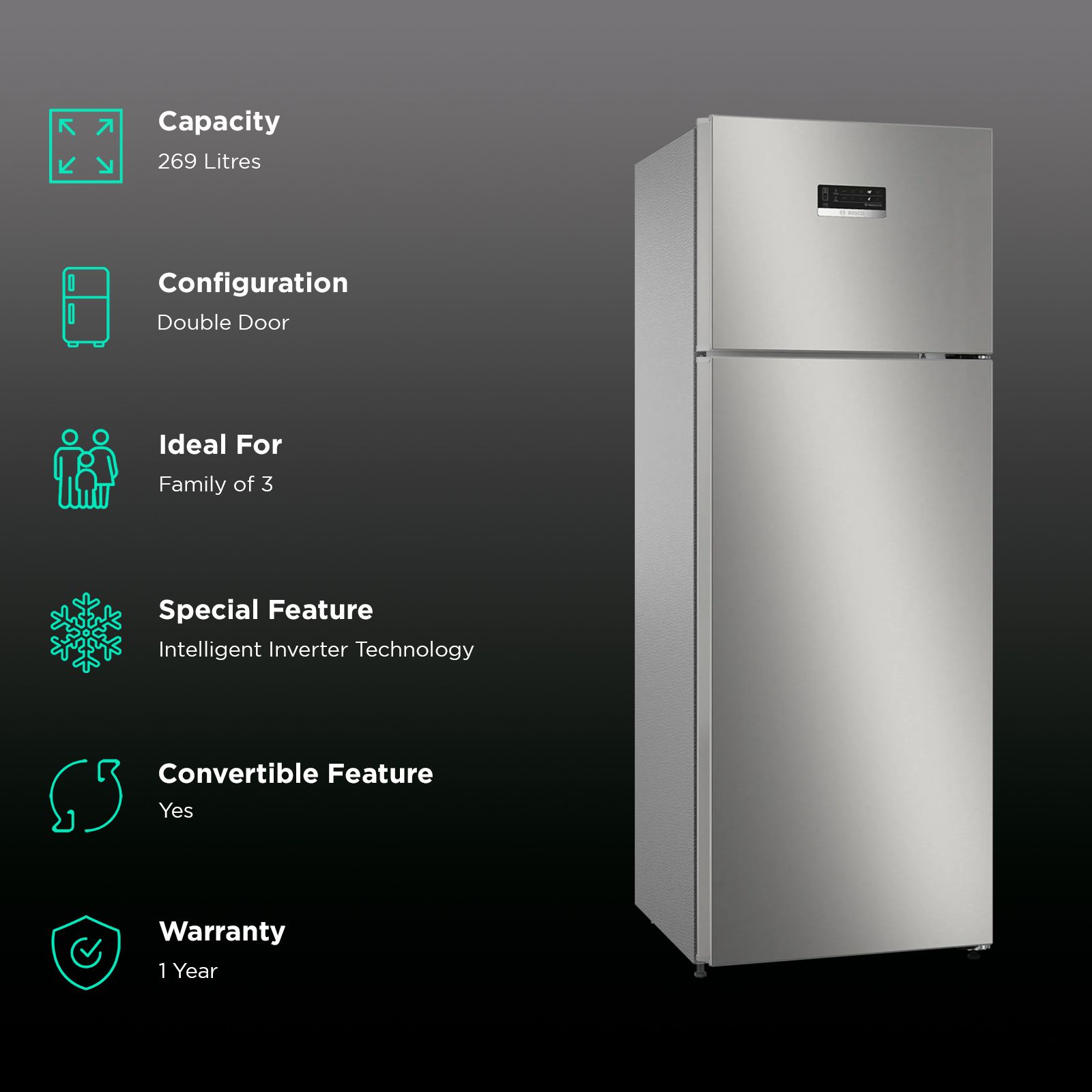 BOSCH Series 4 269 Litres 3 Star Frost Free Double Door Convertible Refrigerator with VitaFresh System (CTC29S03GI, Shiney Silver)_2