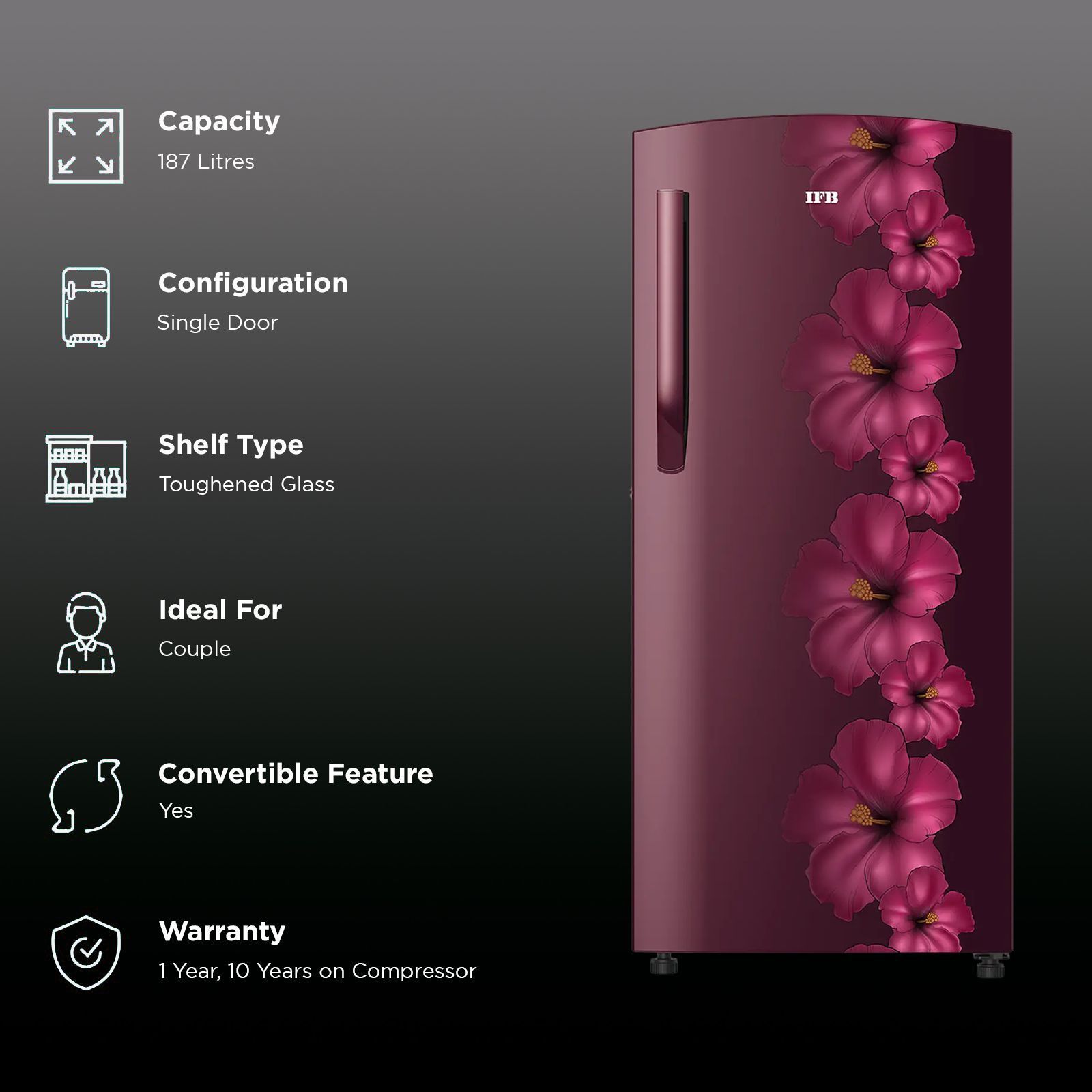 IFB Metal - Cool 187 Litres 3 Star Direct Cool Single Door Refrigerator with Anti Bacterial Gasket (IFBDC-2133FRH, Red Flower) IFB Metal - Cool 187 Litres 3 Star Direct Cool Single Door Refrigerator with Anti Bacterial Gasket (IFBDC-2133FRH, Red Flower)_2