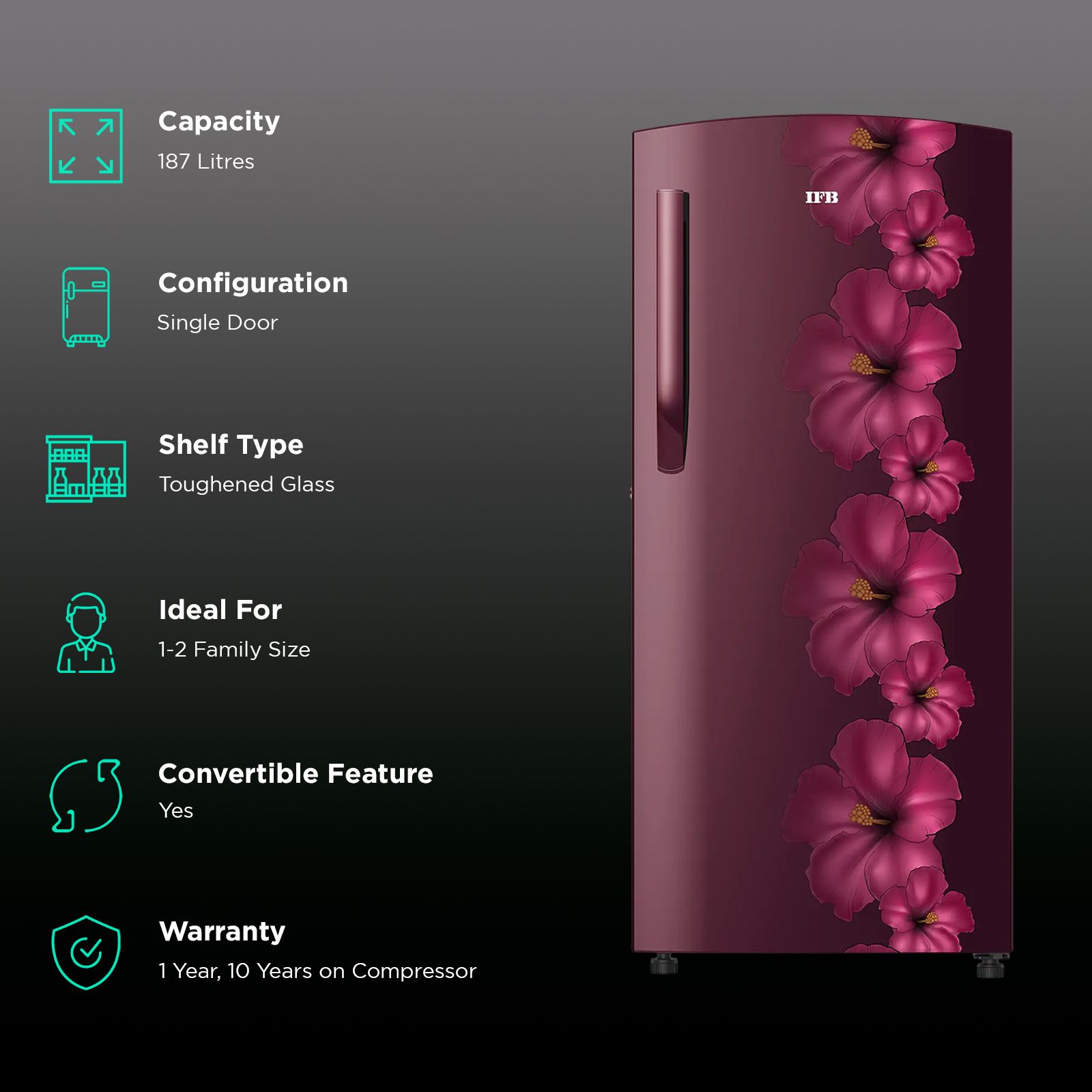 IFB Metal - Cool 187 Litres 3 Star Direct Cool Single Door Refrigerator with Anti Bacterial Gasket (IFBDC-2133FRH, Red Flower)_2