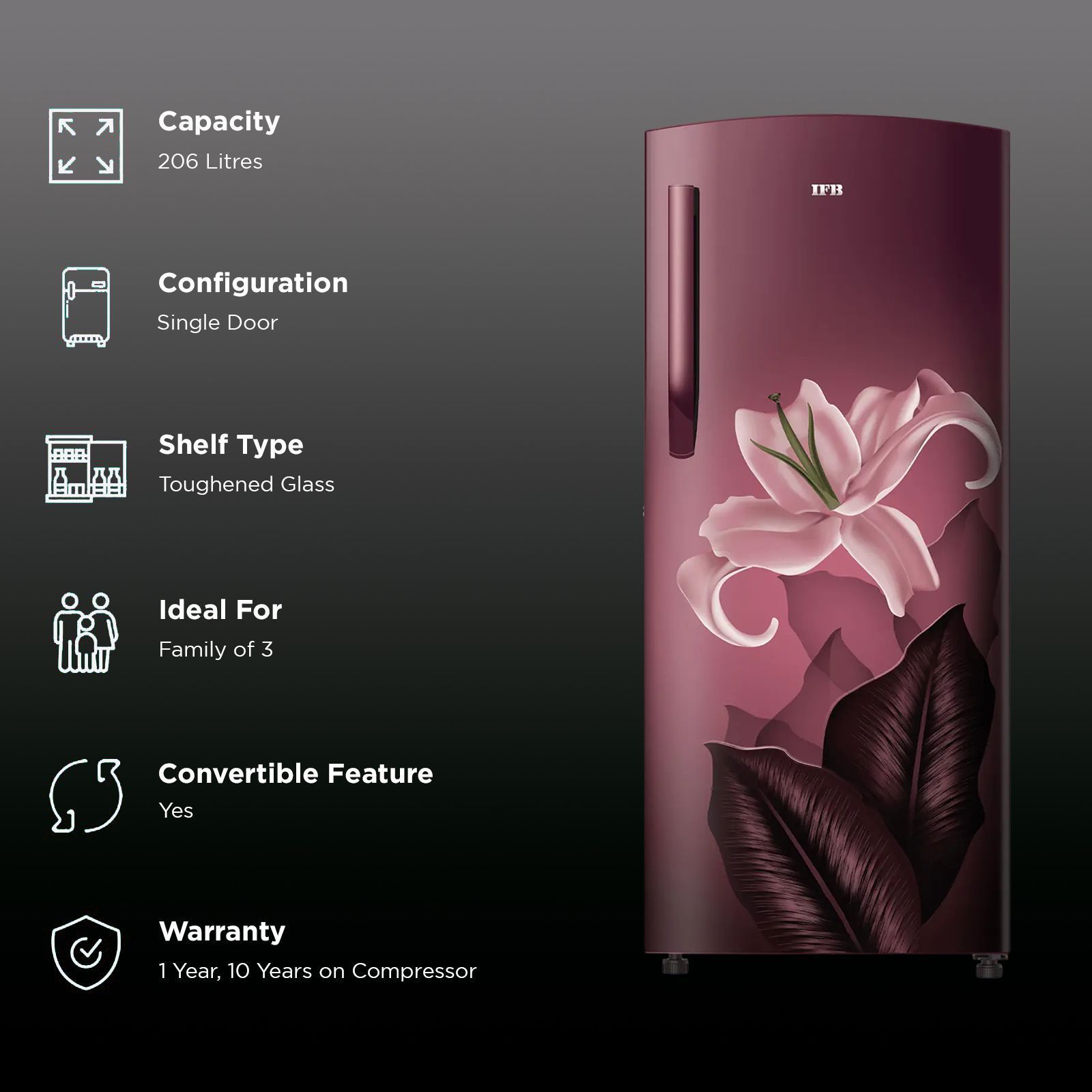IFB Advance-Cool 206 Litres 5 Star Direct Cool Single Door Refrigerator with Anti Bacterial Gasket (IFBDC-2325IRB, Midnight Bloom Red)_2