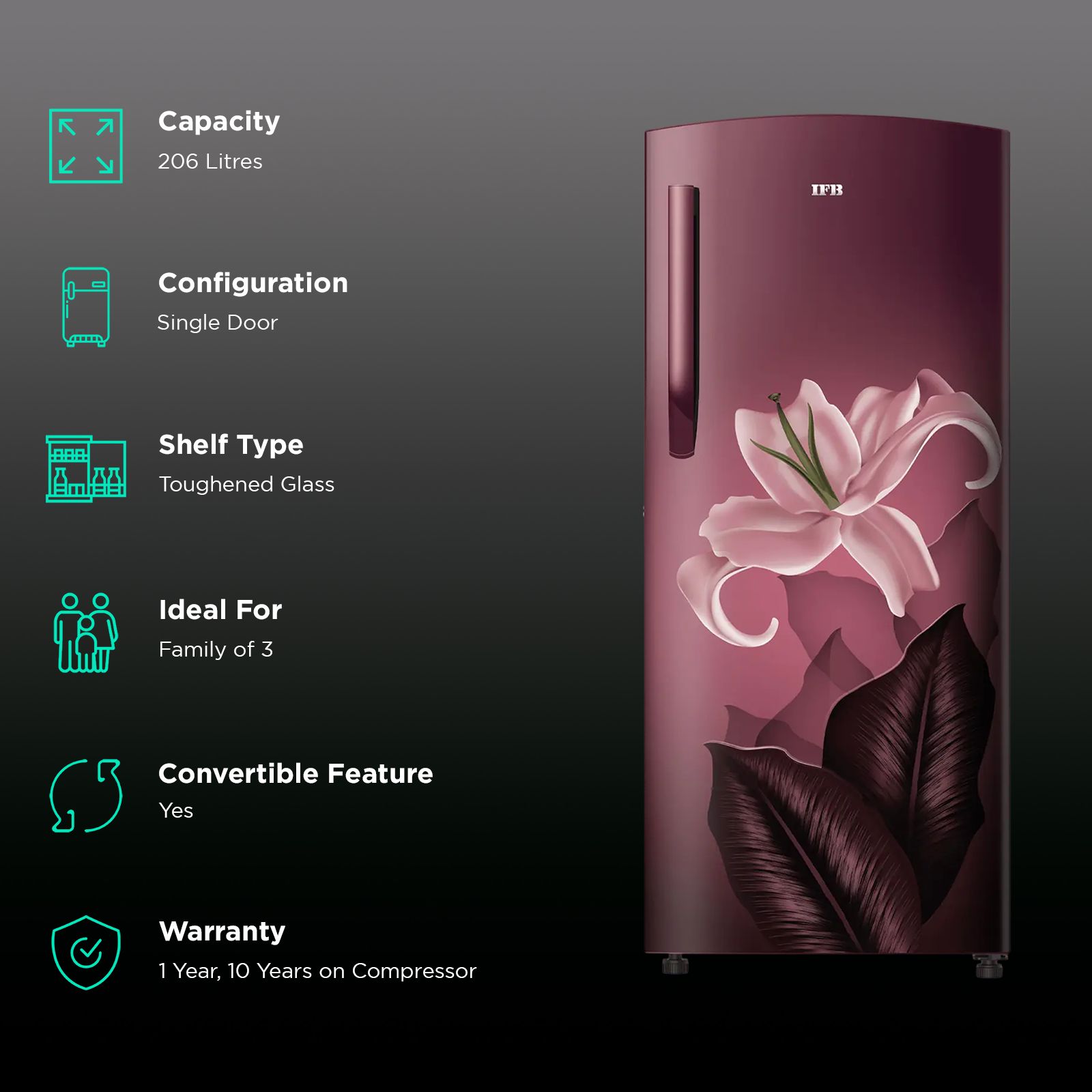 IFB Advance-Cool 206 Litres 5 Star Direct Cool Single Door Refrigerator with Anti Bacterial Gasket (IFBDC-2325IRB, Midnight Bloom Red)_2