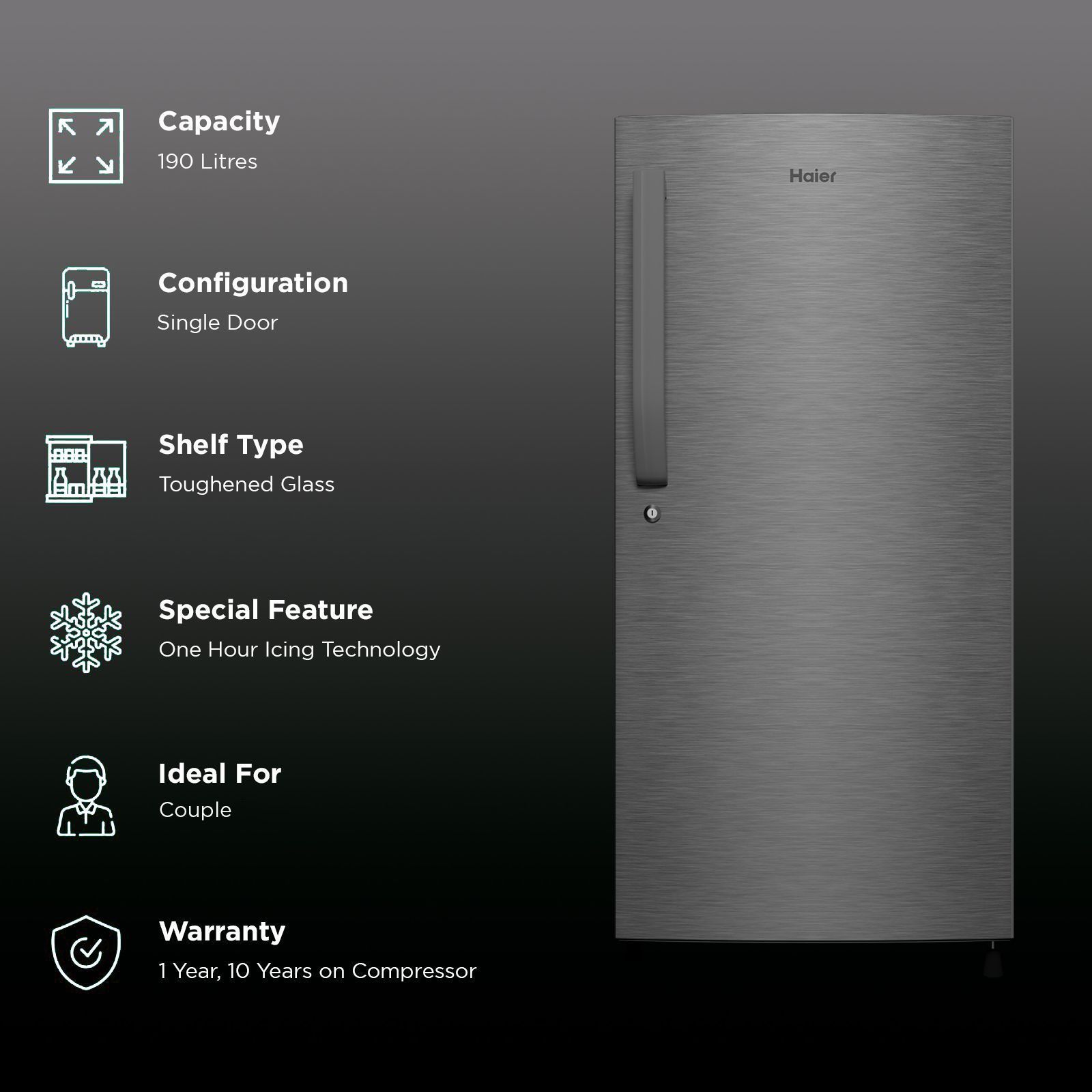 Haier 190 Litres 4 Star Direct Cool Single Door Refrigerator with Anti-Bacterial Gasket (HED203DSP, Brushline Silver) Haier 190 Litres 4 Star Direct Cool Single Door Refrigerator with Anti-Bacterial Gasket (HED203DSP, Brushline Silver)_2