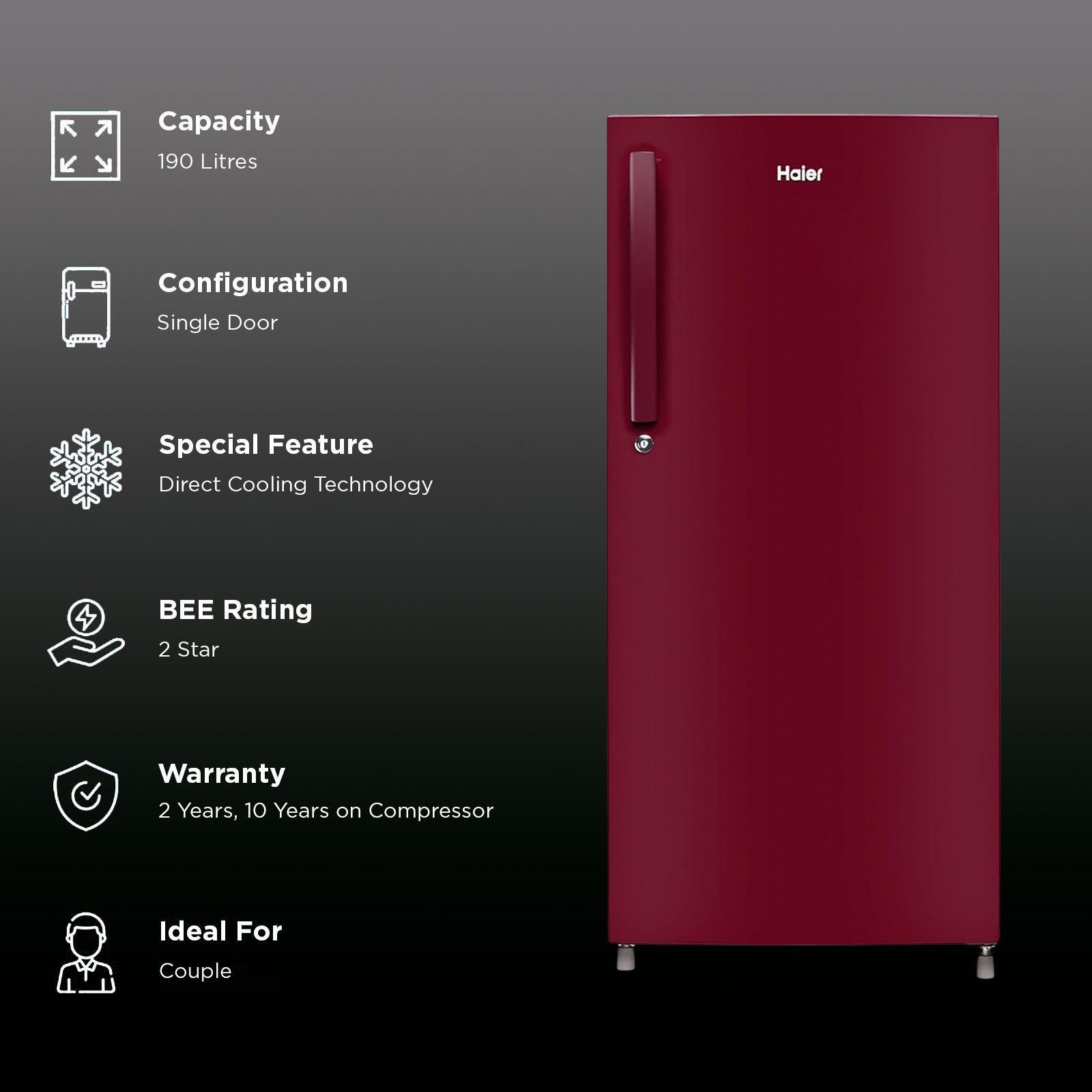 Haier 190 Litres 2 Star Direct Cool Single Door Refrigerator with Antibacterial Gasket (HED202RSP, Red Mono)_2