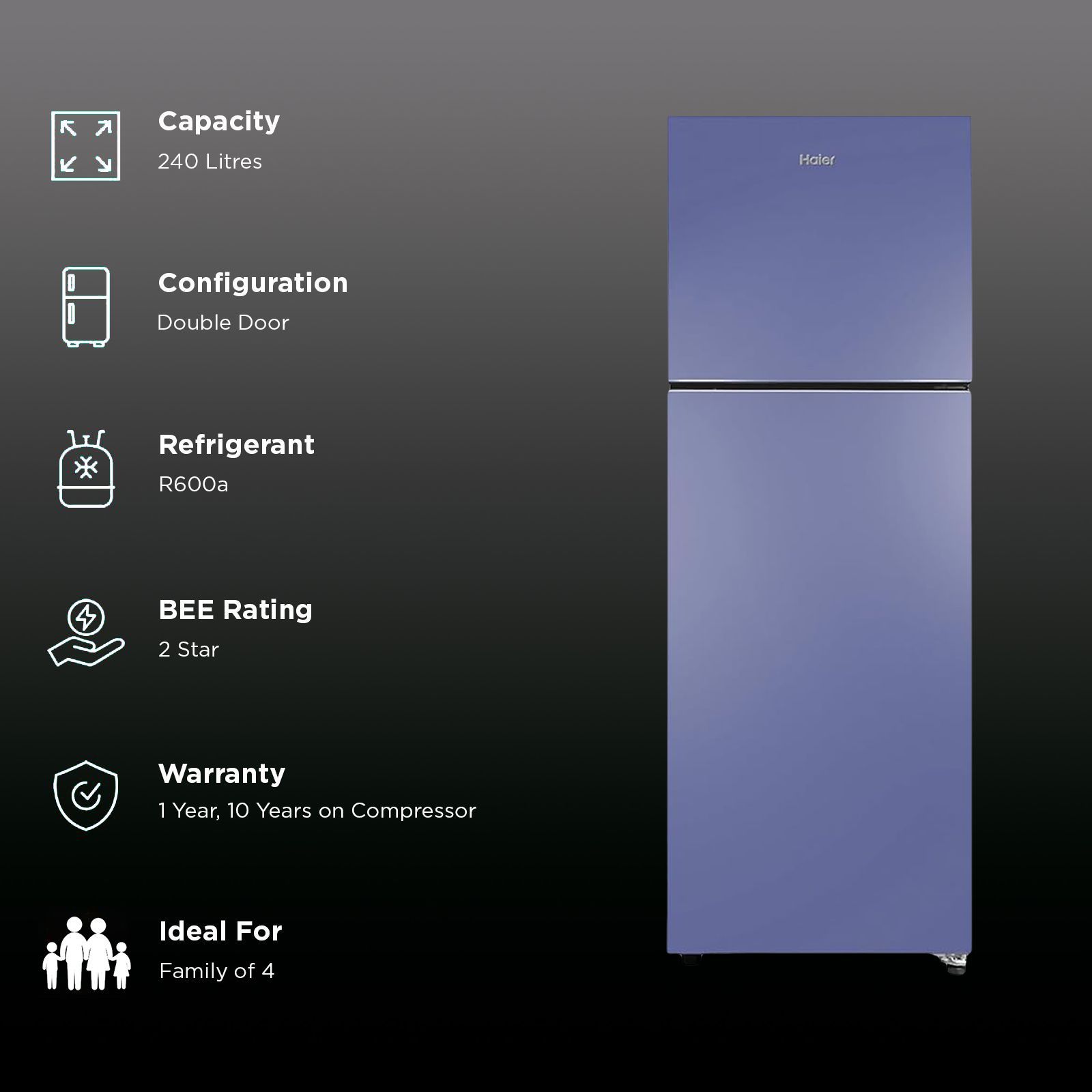 Haier 240 Litres 2 Star Frost Free Double Door Refrigerator with Anti-Bacterial Gasket (HEF252ERBP, Radish Blue)_2