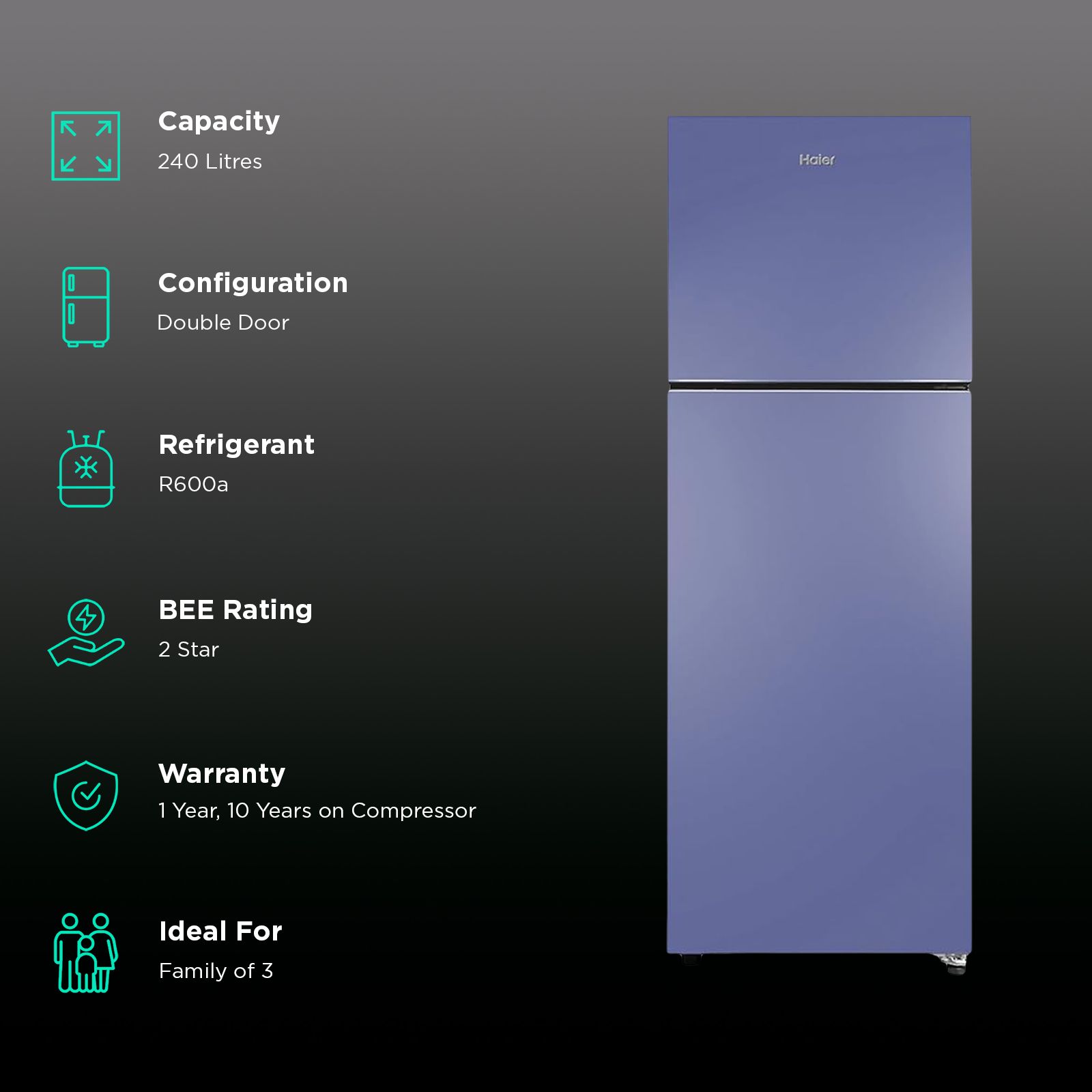 Haier 240 Litres 2 Star Frost Free Double Door Refrigerator with Anti-Bacterial Gasket (HEF252ERBP, Radish Blue)_2
