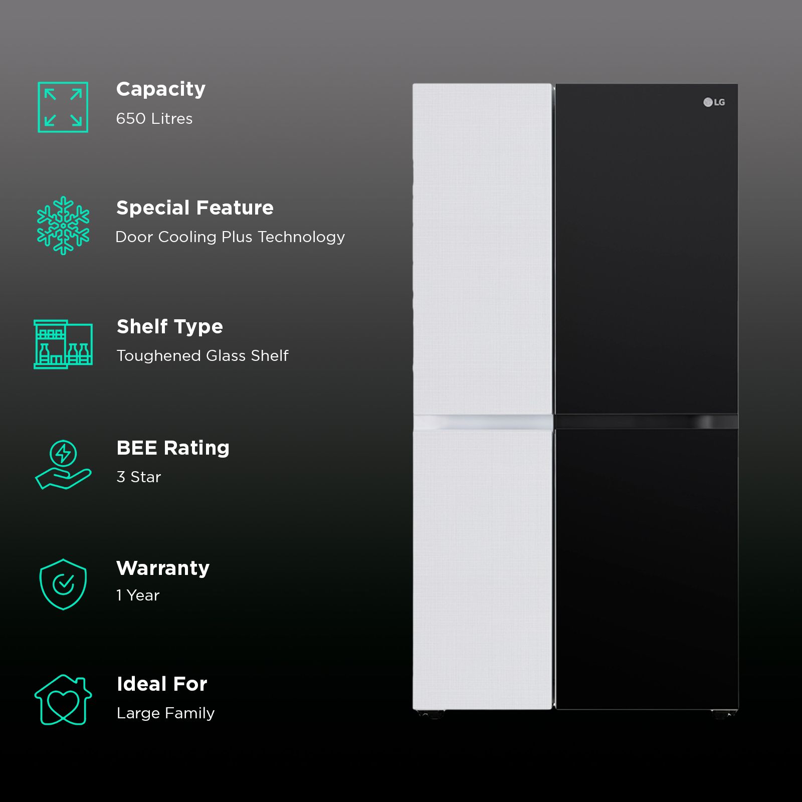 LG 650 Litres 3 Star Frost Free Side by Side Refrigerator with Anti Bacterial Gasket (GL-B257DMK3, Moon Knight)_2
