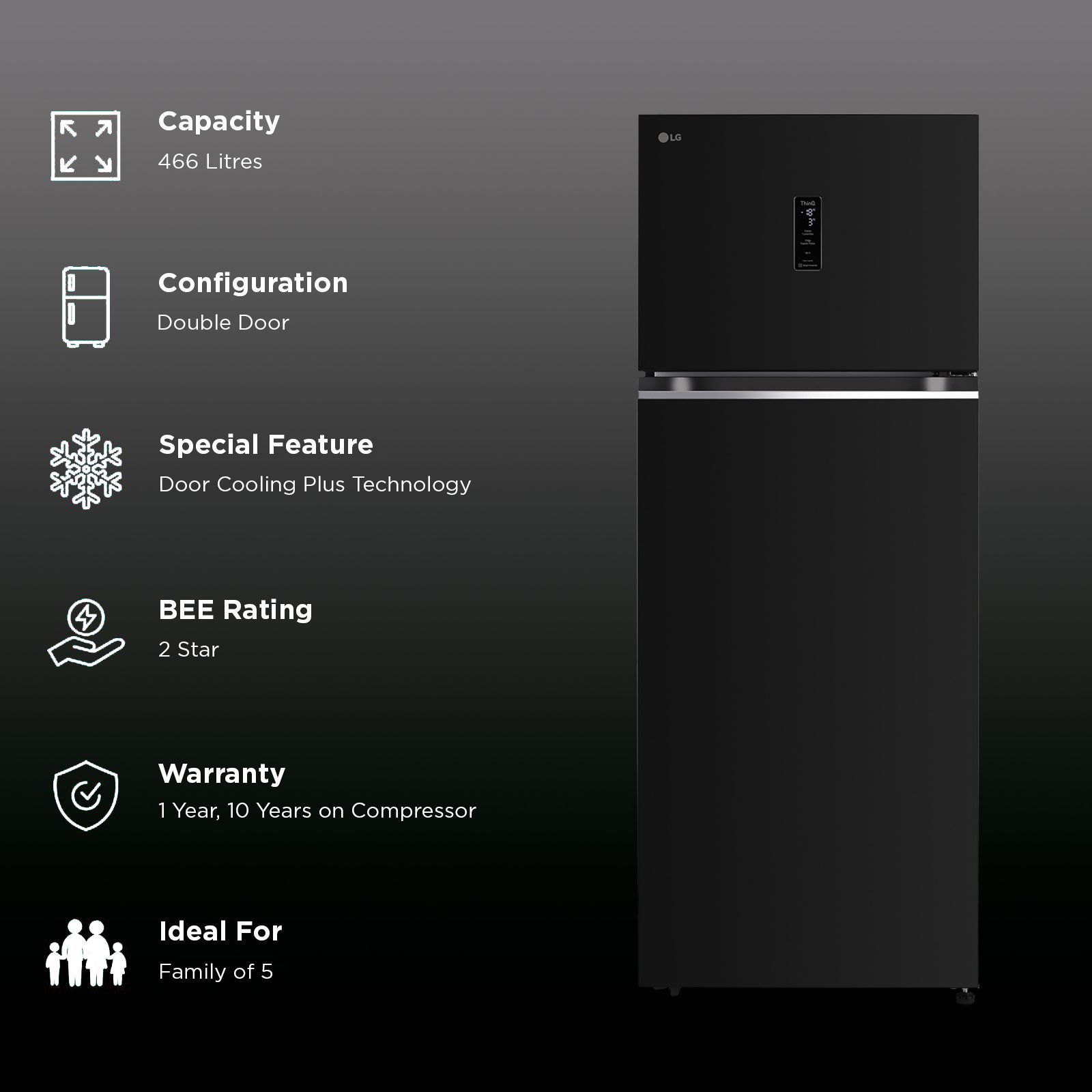 LG 466 Litres 2 Star Frost Free Double Door Smart Wifi Enabled Refrigerator with Multi Air Flow (GL-T492MESY, Ebony Sheen)_2