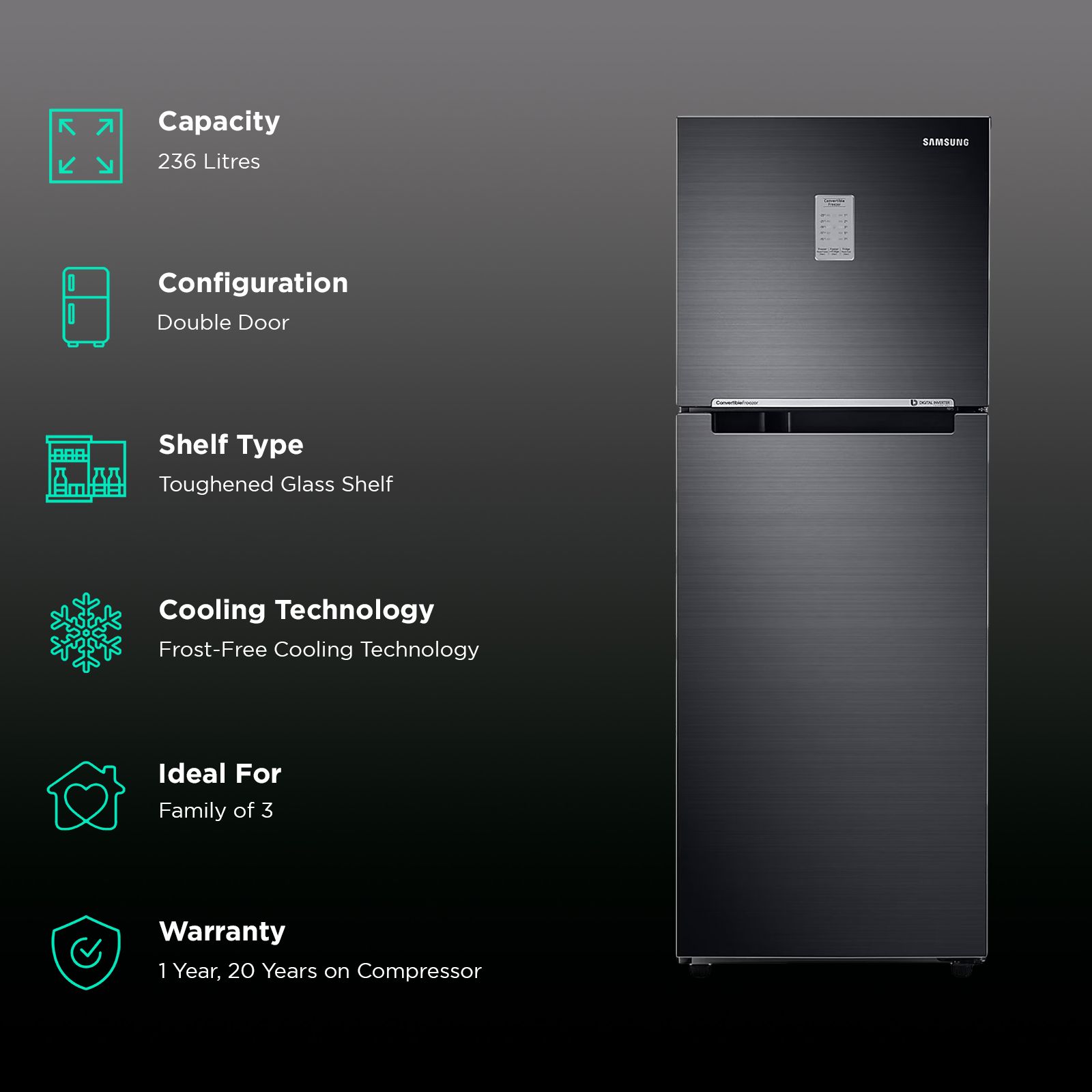 SAMSUNG 236 Litres 3 Star Frost Free Double Door Convertible Refrigerator with Anti Bacterial Gasket (RT28C3733BX/HL, Luxe Black)_2