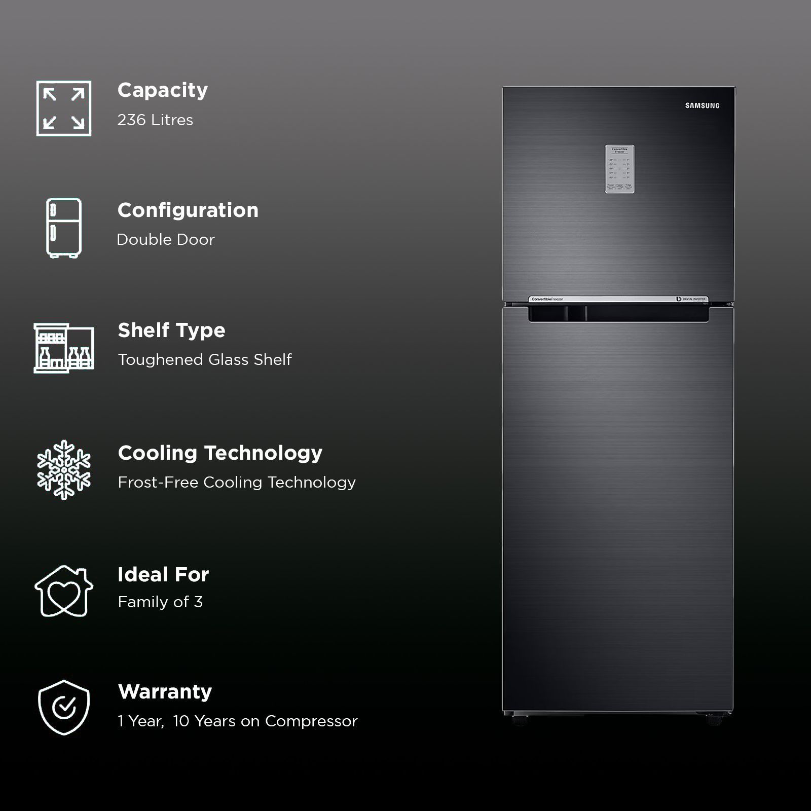SAMSUNG 236 Litres 3 Star Frost Free Double Door Convertible Refrigerator with Anti Bacterial Gasket (RT28C3733BX/HL, Luxe Black)_2