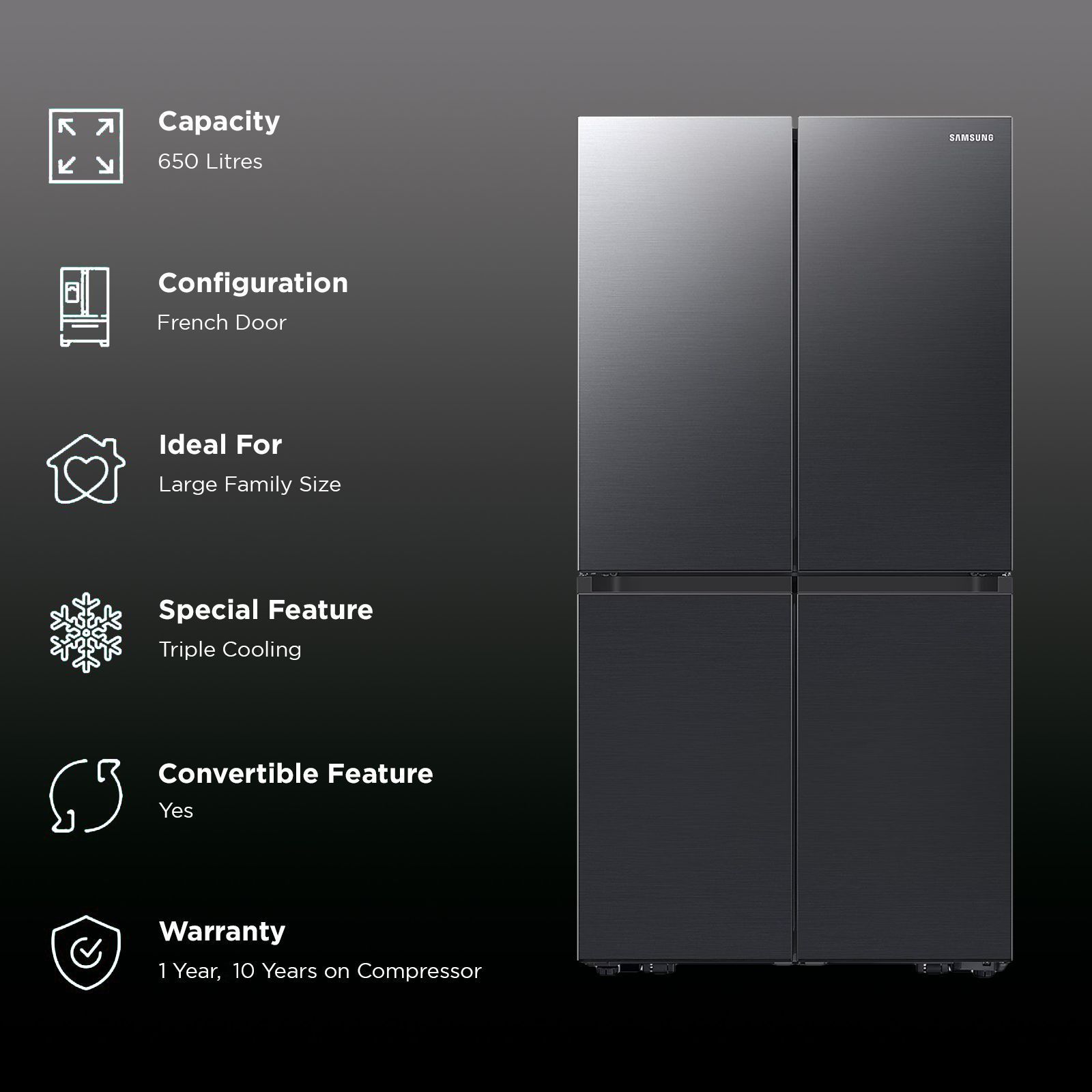 SAMSUNG 650 Litres Frost Free French Door Convertible Refrigerator with Triple Cooling (RF65DG90BDSG/TL, Black Caviar)_2