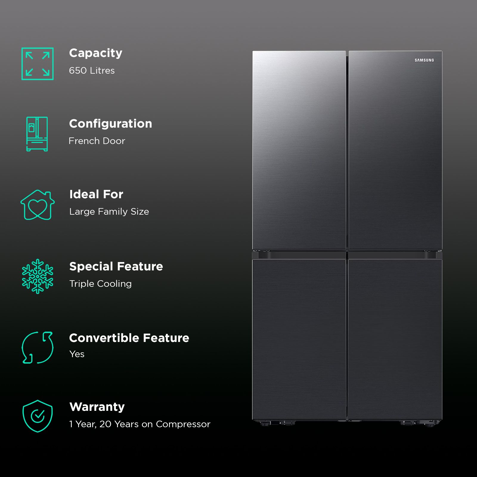 SAMSUNG 650 Litres Frost Free French Door Convertible Refrigerator with Triple Cooling (RF65DG90BDSG/TL, Black Caviar)_2