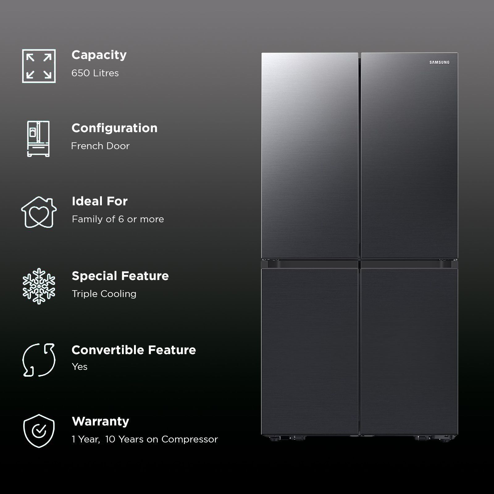 SAMSUNG 650 Litres Frost Free French Door Convertible Refrigerator with Triple Cooling (RF65DG90BDSG/TL, Black Caviar) SAMSUNG 650 Litres Frost Free French Door Convertible Refrigerator with Triple Cooling (RF65DG90BDSG/TL, Black Caviar)_2