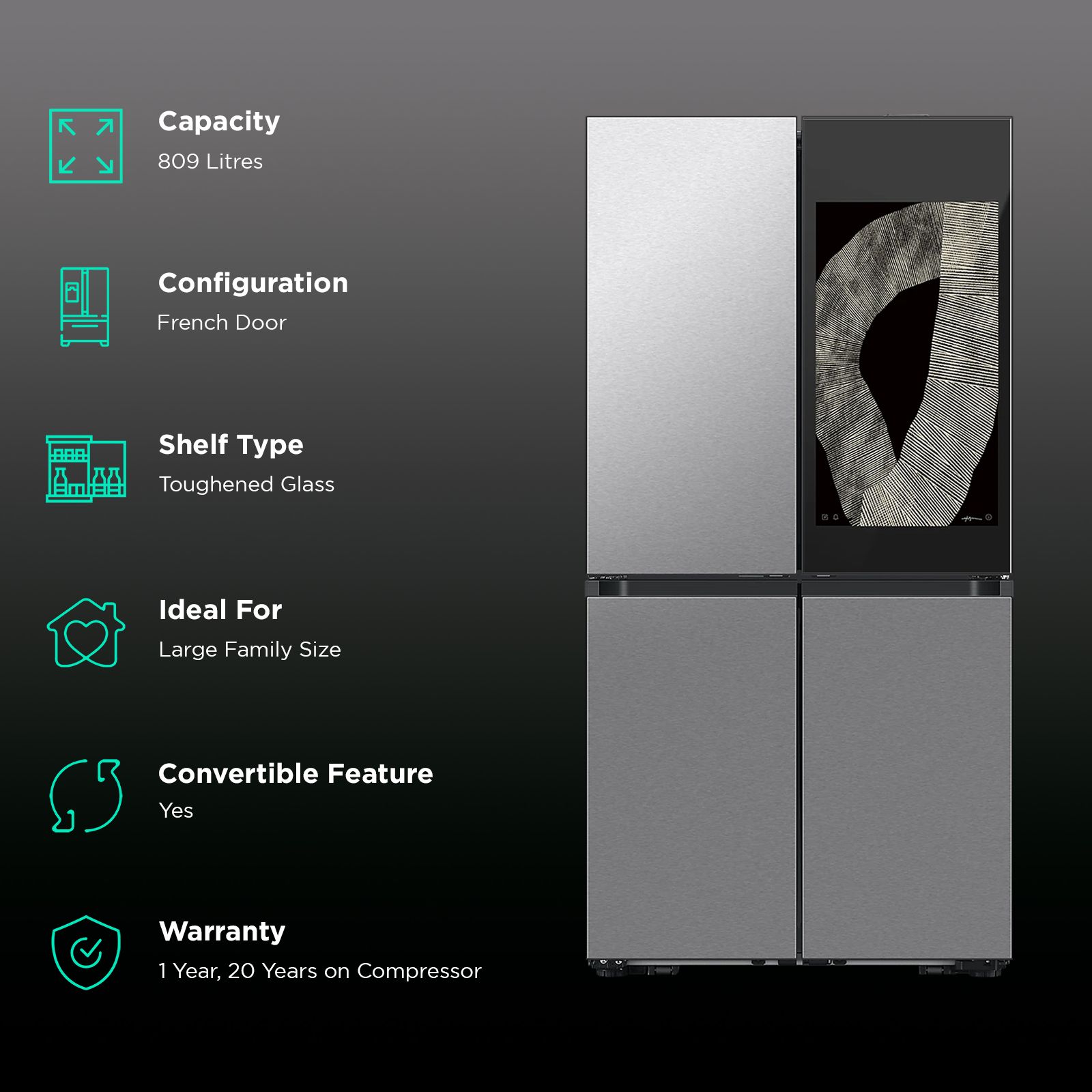 SAMSUNG 809 Litres Frost Free French Door Convertible Refrigerator with Water Dispenser (RF71DB9950QD/TL, Clean Charcoal & Stainless Steel)_2