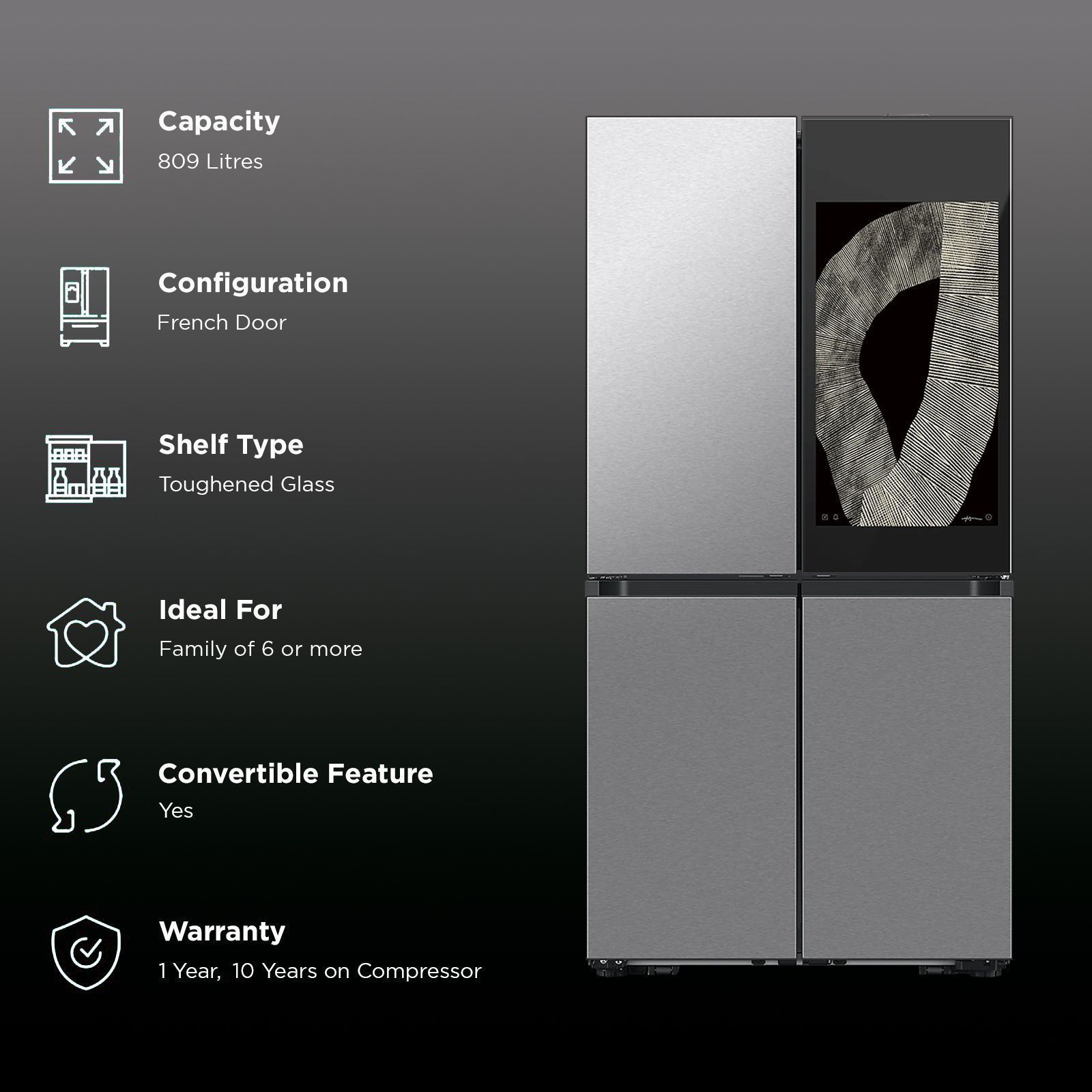 SAMSUNG 809 Litres Frost Free French Door Convertible Refrigerator with Water Dispenser (RF71DB9950QD/TL, Clean Charcoal & Stainless Steel)_2