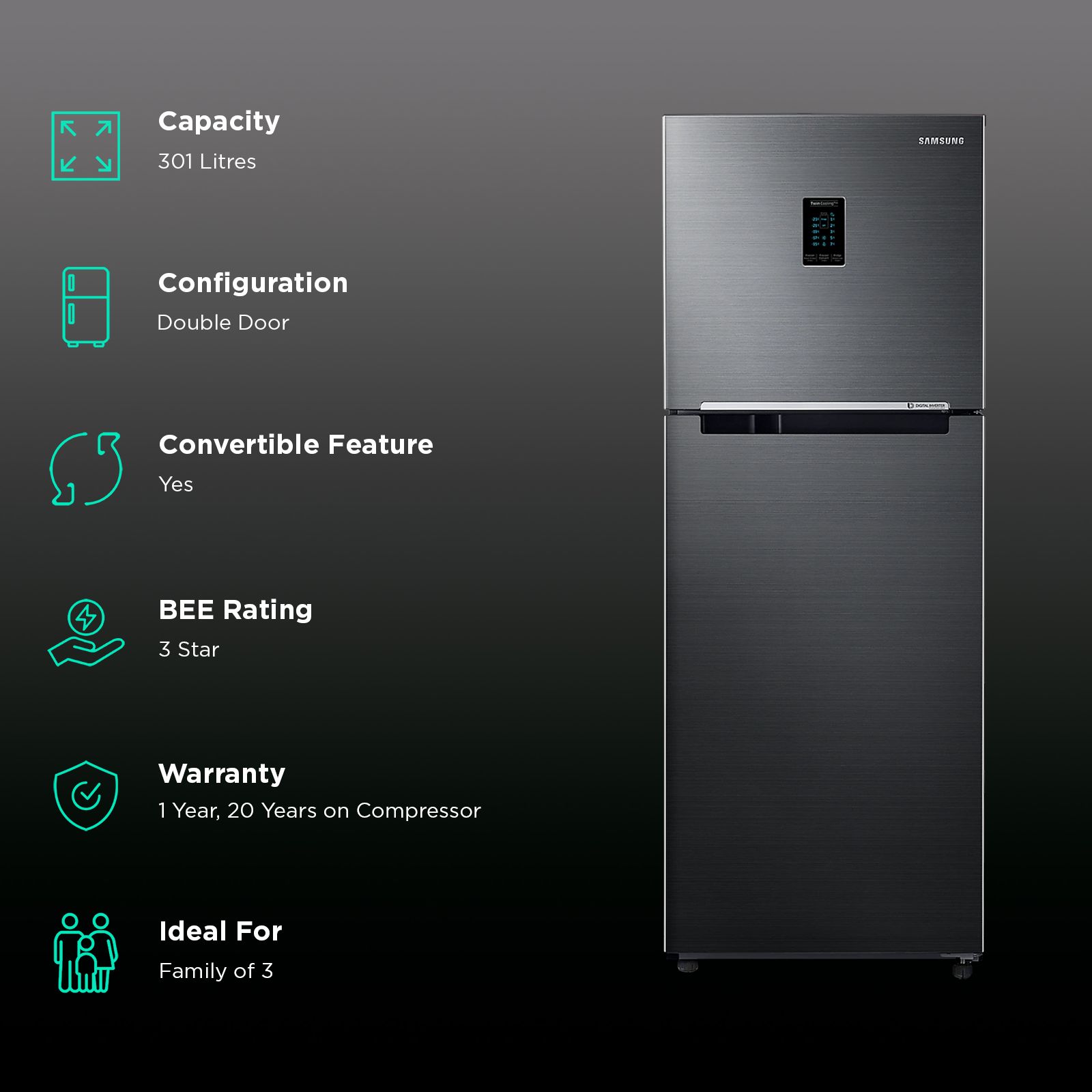 SAMSUNG 301 Litres 3 Star Frost Free Double Door Convertible Refrigerator with Twin Cooling Plus Technology (RT34C4523BX/HL, Luxe Black) SAMSUNG 301 Litres 3 Star Frost Free Double Door Convertible Refrigerator with Twin Cooling Plus Technology (RT34C4523BX/HL, Luxe Black)_2