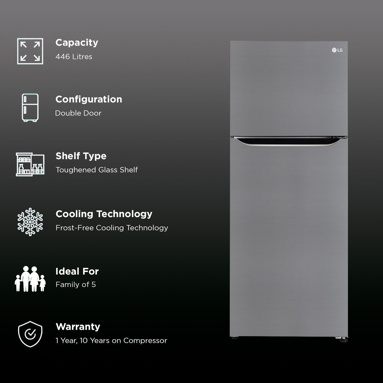 LG 446 Litres 1 Star Frost Free Double Door Convertible Refrigerator with Door Cooling Plus Technology (GL-T502CPZR, Shiny Steel)_2