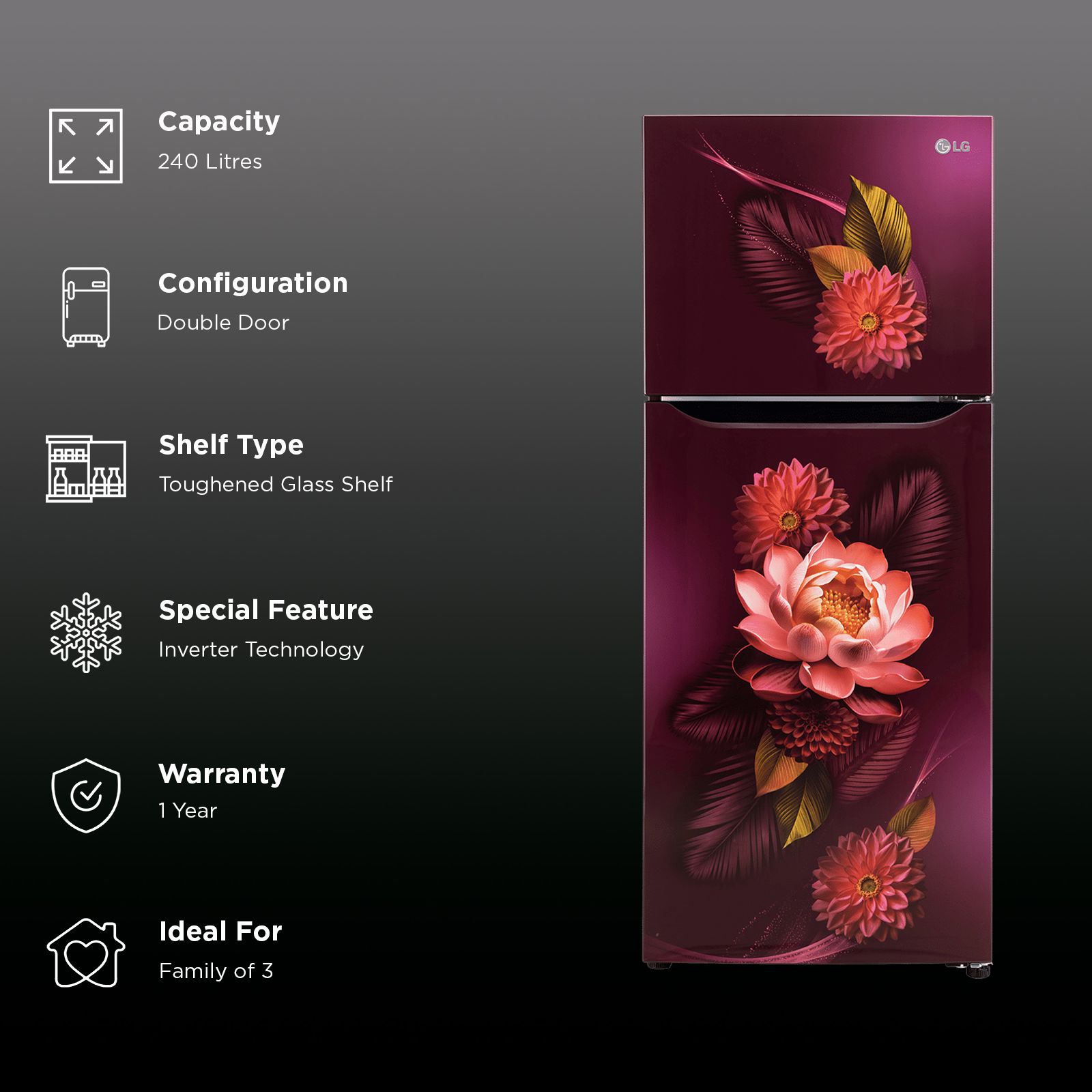 LG 240 Litres 2 Star Frost Free Double Door Convertible Refrigerator with MOIST ‘N’ FRESH Technology (GL-S292SRWY, Red Waterlily)_3