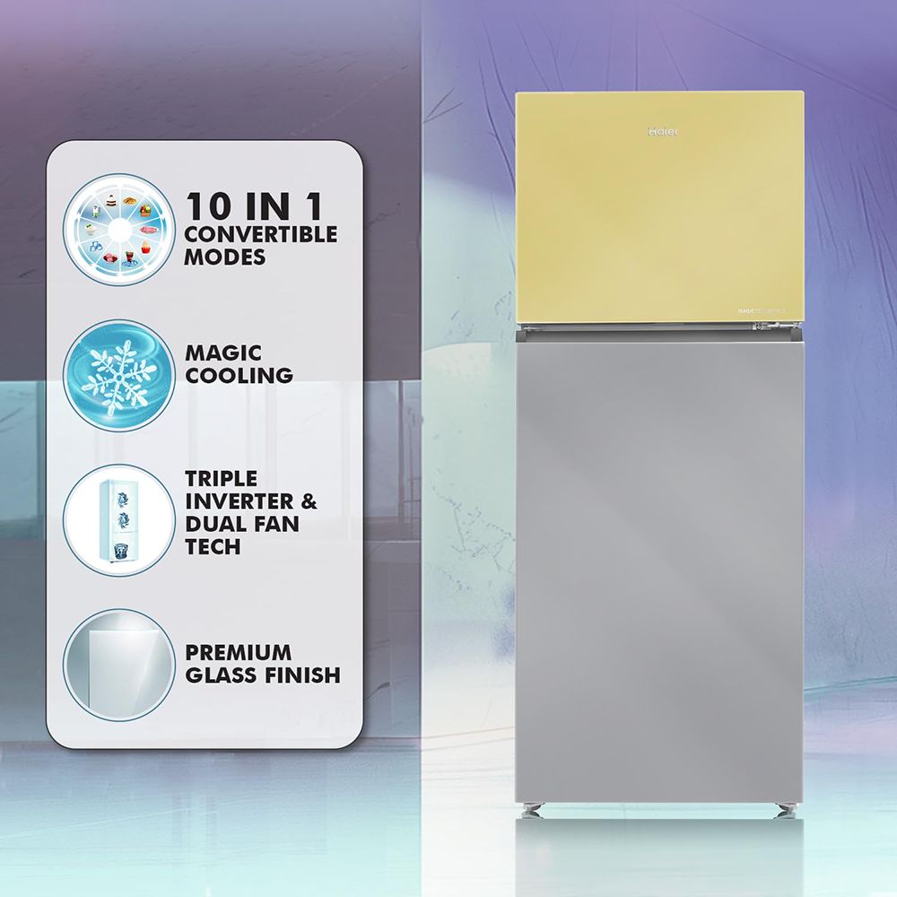Haier Vogue Series 328 Litres 3 Star Frost Free Double Door Convertible Refrigerator with Triple Inverter & Dual Fan Technology (HRF-3783YGG-P, Yellow Grey Glass)_16