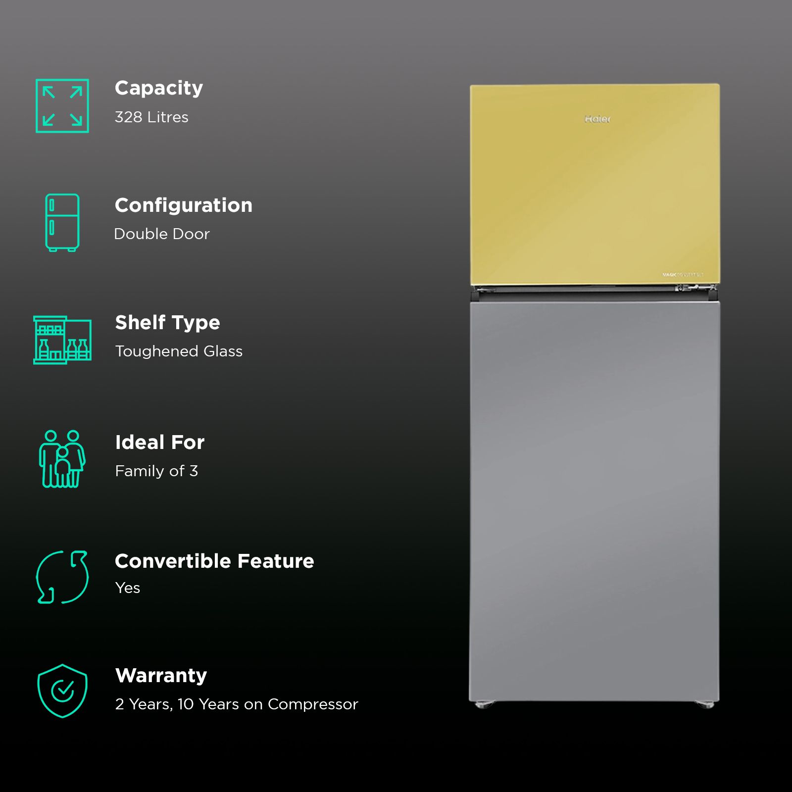 Haier Vogue Series 328 Litres 3 Star Frost Free Double Door Convertible Refrigerator with Triple Inverter & Dual Fan Technology (HRF-3783YGG-P, Yellow Grey Glass)_2