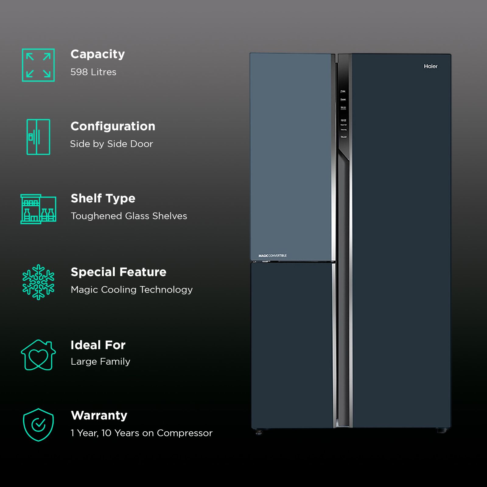 Haier Vogue Series 598 Litres 3 Star Frost Free Side by Side Refrigerator with Expert Inverter Technology (HRT-683GOG, Grey Onyx Glass)_2