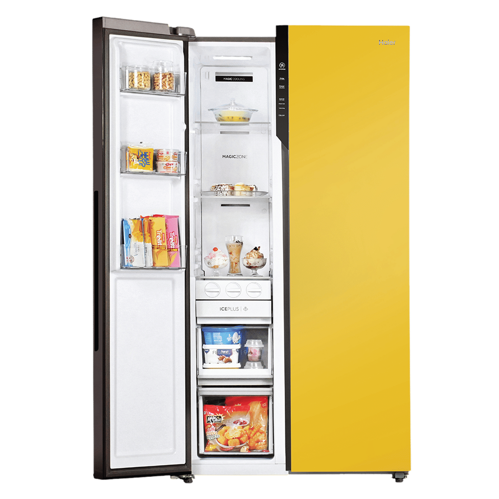 Haier Vogue Series 602 Litres 3 Star Frost Free Side by Side Refrigerator with Expert Inverter Technology (HRS-682KYG, Black Yellow Glass)_9