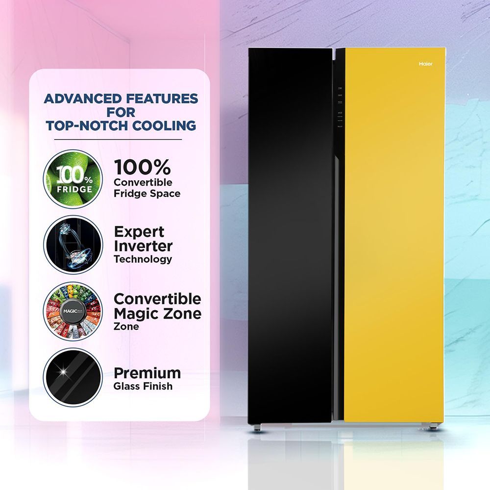 Haier Vogue Series 602 Litres 3 Star Frost Free Side by Side Refrigerator with Expert Inverter Technology (HRS-682KYG, Black Yellow Glass)_12