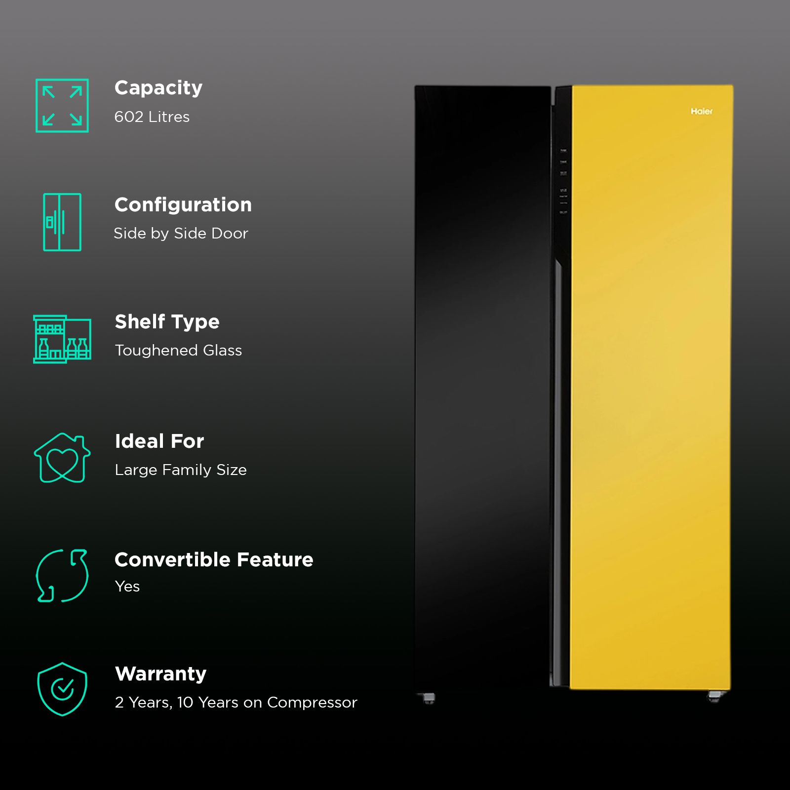 Haier Vogue Series 602 Litres 3 Star Frost Free Side by Side Refrigerator with Expert Inverter Technology (HRS-682KYG, Black Yellow Glass)_2