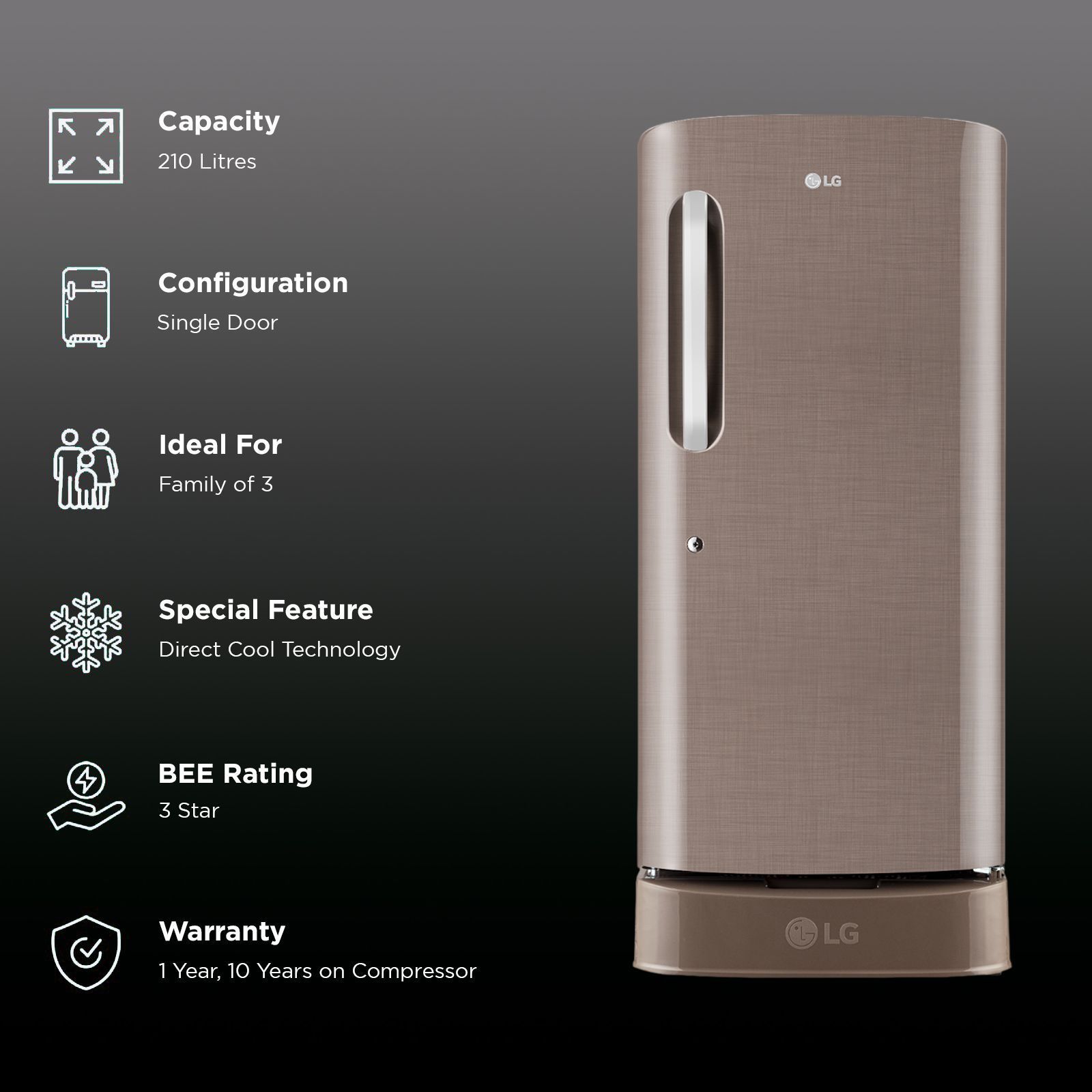 LG 210 Litres 3 Star Direct Cool Single Door Refrigerator with Stabilizer Free Operation (GL-D231AFSD, Fawn Steel)_2