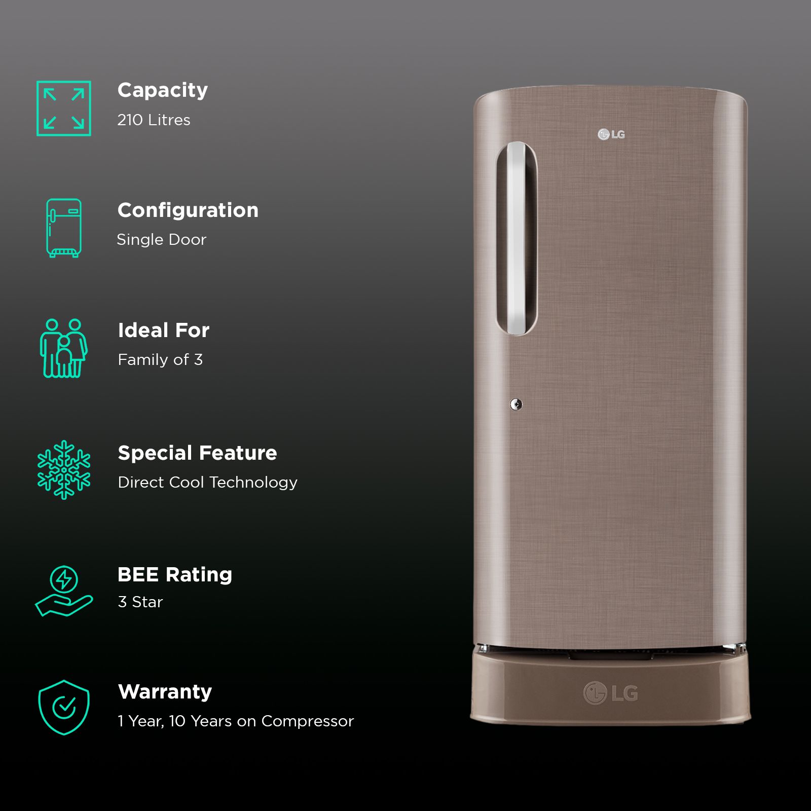 LG 210 Litres 3 Star Direct Cool Single Door Refrigerator with Stabilizer Free Operation (GL-D231AFSD, Fawn Steel)_2