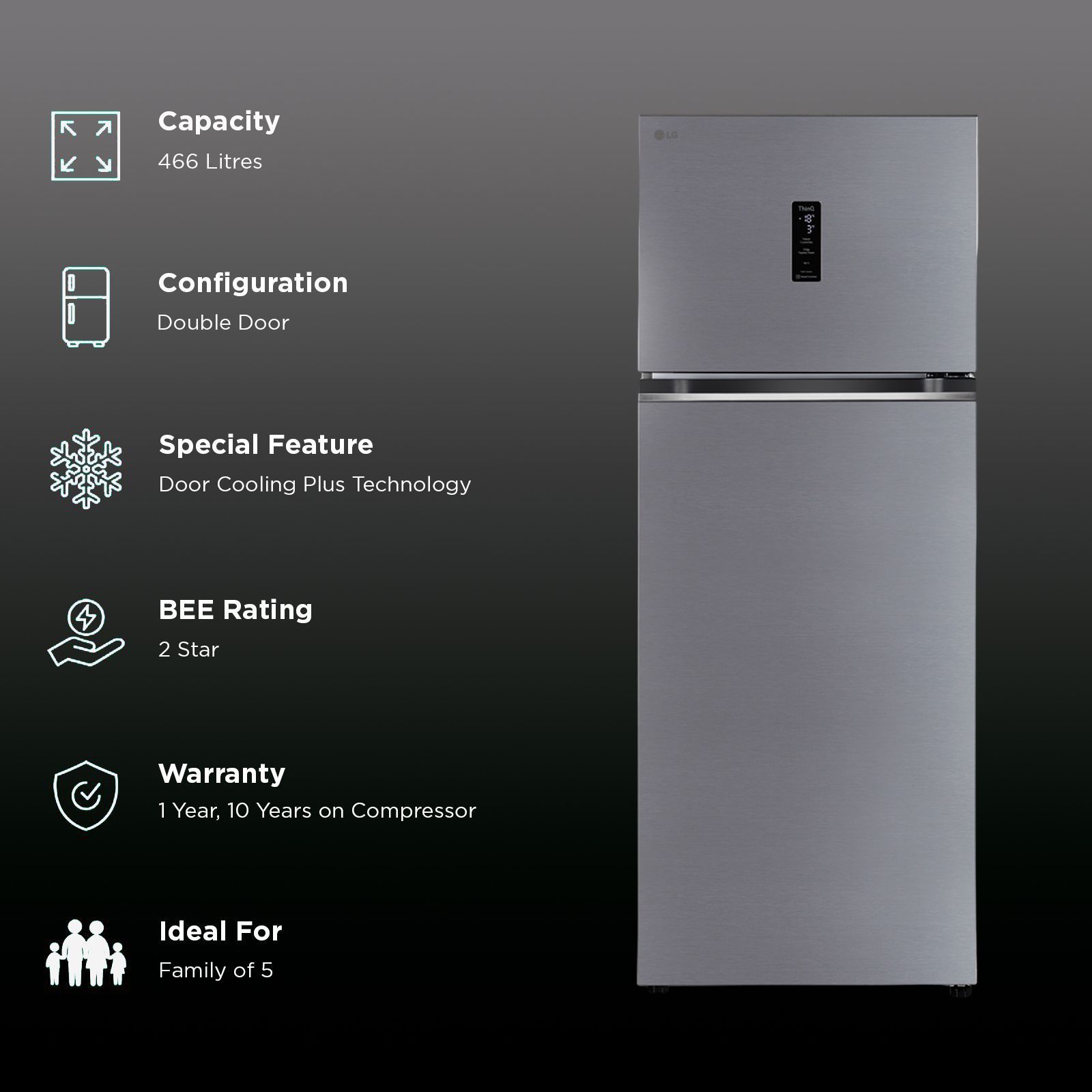 LG 466 Litres 2 Star Frost Free Double Door Smart Wifi Enabled Convertible Refrigerator with Remote Control (GL-T492MPZY, Shiny Steel)_2