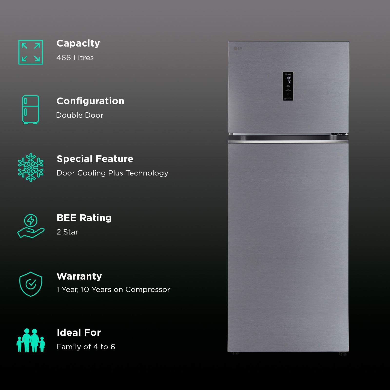 LG 466 Litres 2 Star Frost Free Double Door Smart Wifi Enabled Convertible Refrigerator with Remote Control (GL-T492MPZY, Shiny Steel)_2