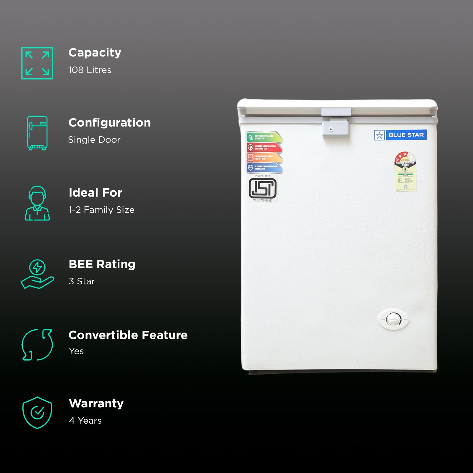 Blue Star NEYW Series 108 Litres 3 Star Single Door Deep Freezer (Static Cooling Technology, CF3-130NEYW, White) Blue Star NEYW Series 108 Litres 3 Star Single Door Deep Freezer (Static Cooling Technology, CF3-130NEYW, White)_2