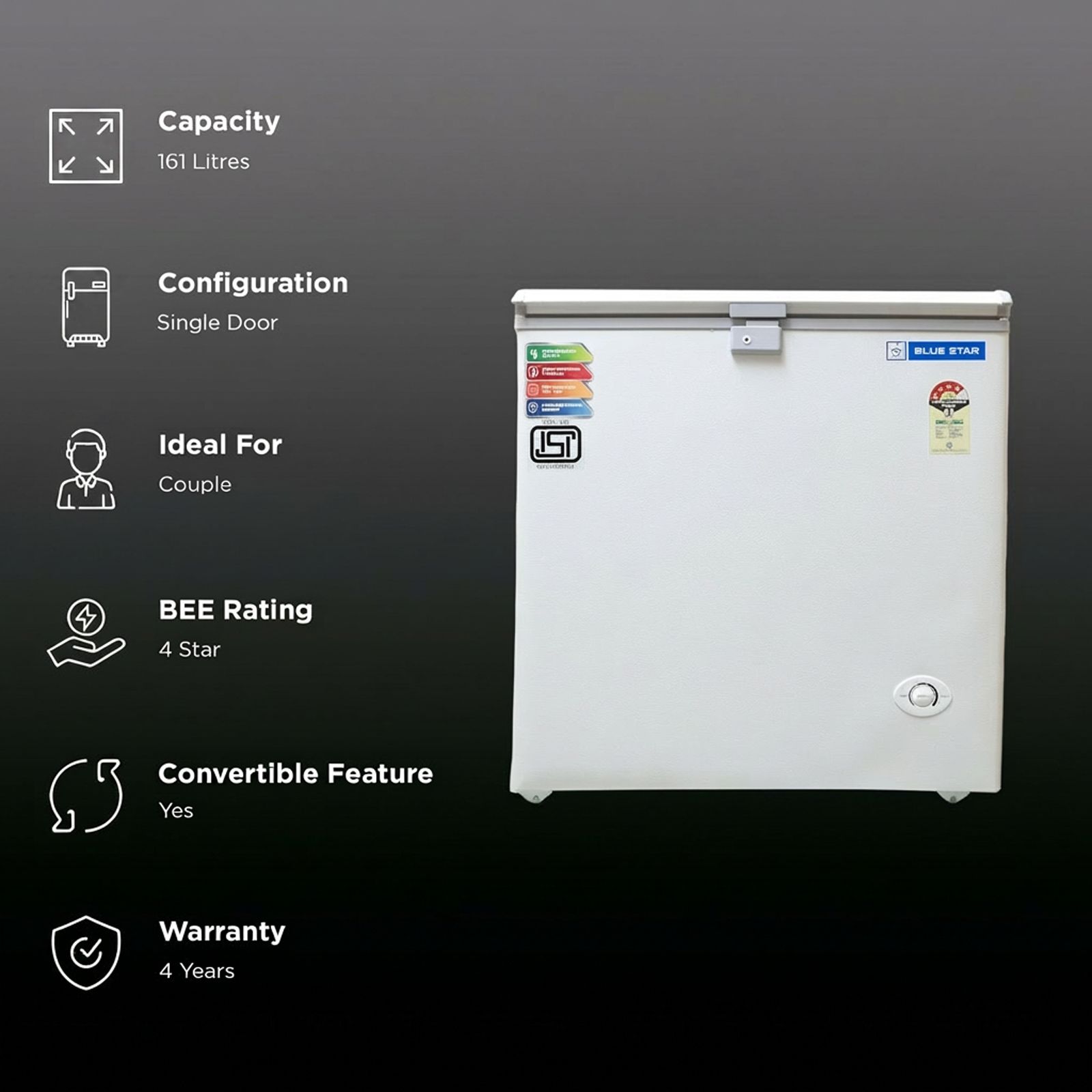 Blue Star NEYW Series 161 Litres 4 Star Single Door Deep Freezer (Static Cooling Technology, CF4-180NEYW, White)_2