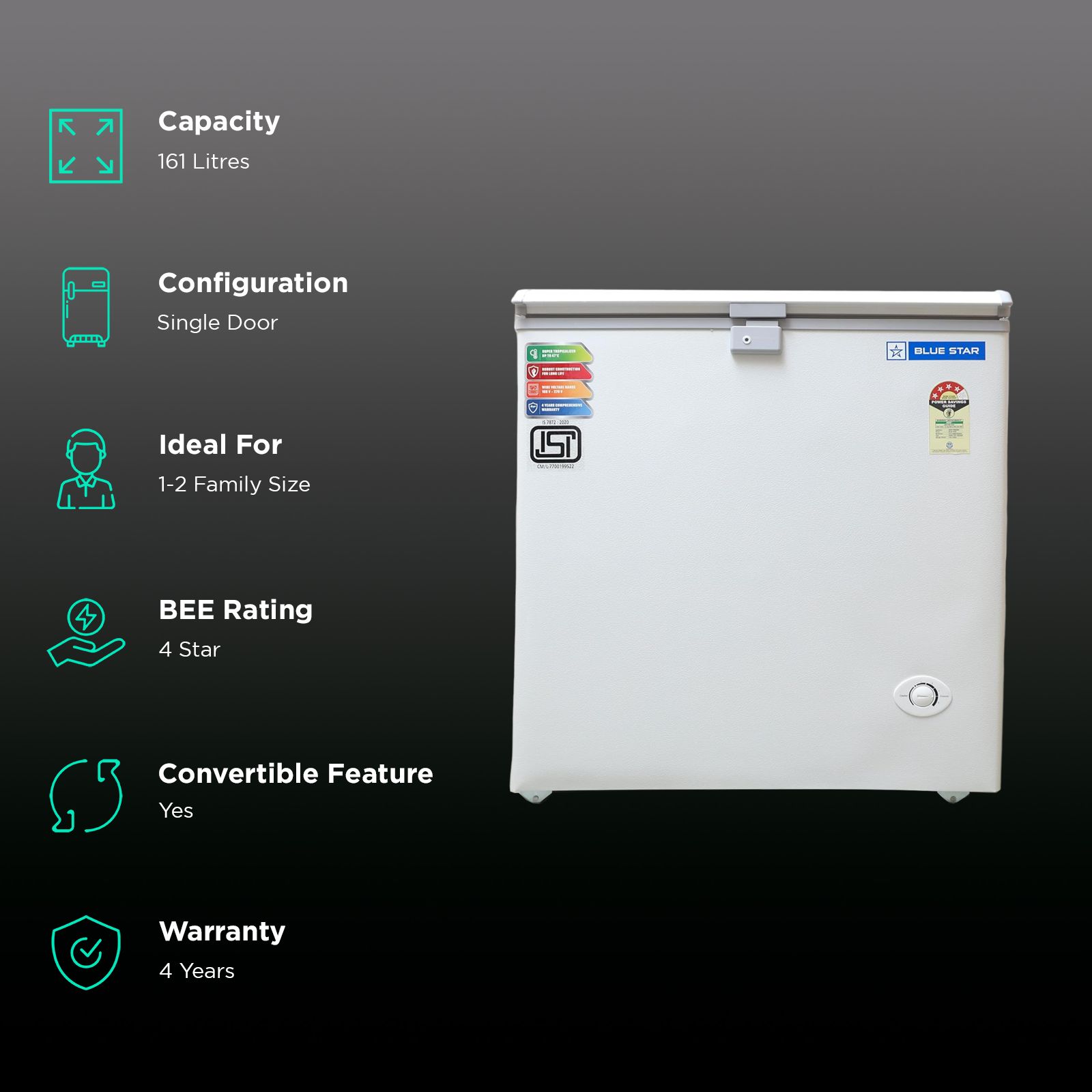 Blue Star NEYW Series 161 Litres 4 Star Single Door Deep Freezer (Static Cooling Technology, CF4-180NEYW, White)_2