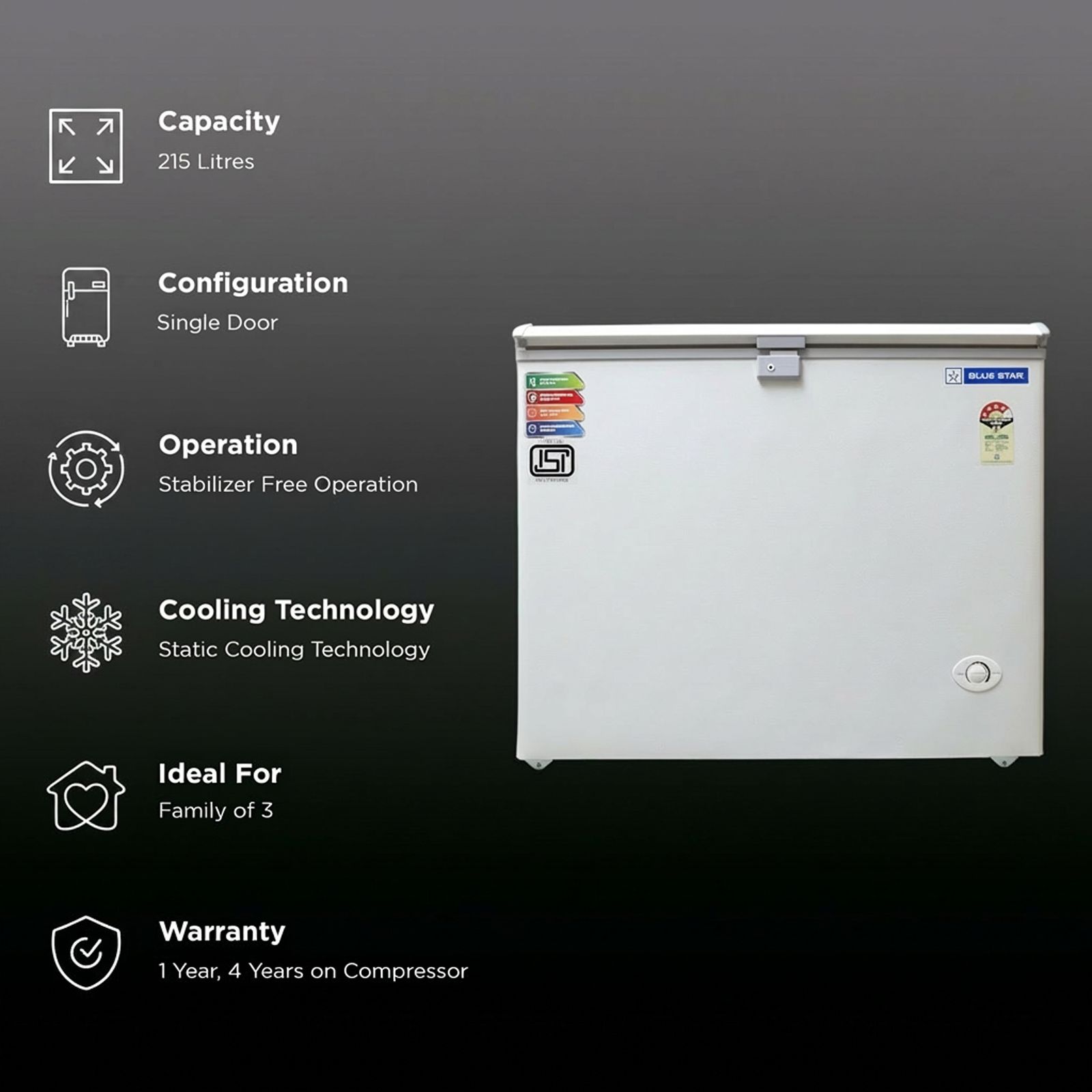 Blue Star NEYW Series 215 Litres 4 Star Single Door Deep Freezer (Static Cooling Technology, CF4-230NEYW, White)_2