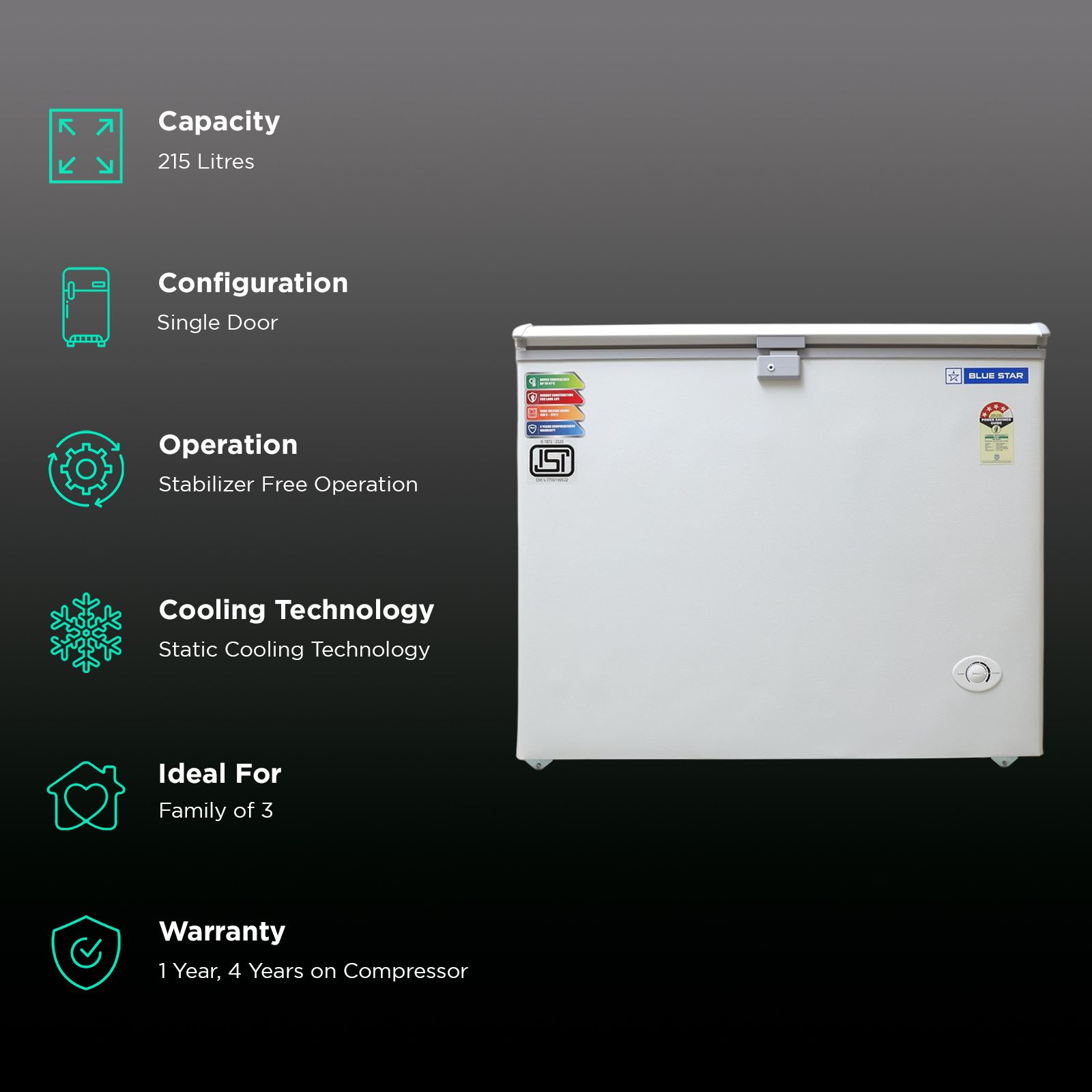 Blue Star NEYW Series 215 Litres 4 Star Single Door Deep Freezer (Static Cooling Technology, CF4-230NEYW, White) Blue Star NEYW Series 215 Litres 4 Star Single Door Deep Freezer (Static Cooling Technology, CF4-230NEYW, White)_2