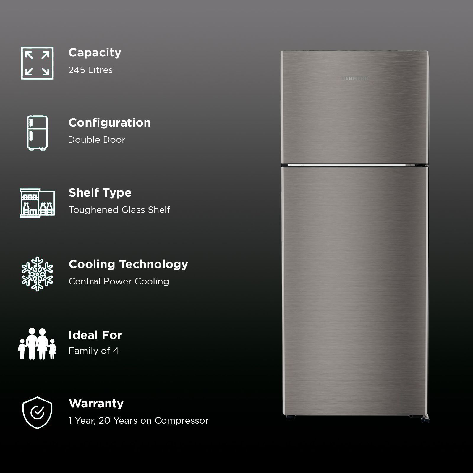LIEBHERR Pure 245 Litres 2 Star Frost Free Double Door Refrigerator with Anti Bacterial Gasket (TCPgsB 2411, Grey Steel) LIEBHERR Pure 245 Litres 2 Star Frost Free Double Door Refrigerator with Anti Bacterial Gasket (TCPgsB 2411, Grey Steel)_2